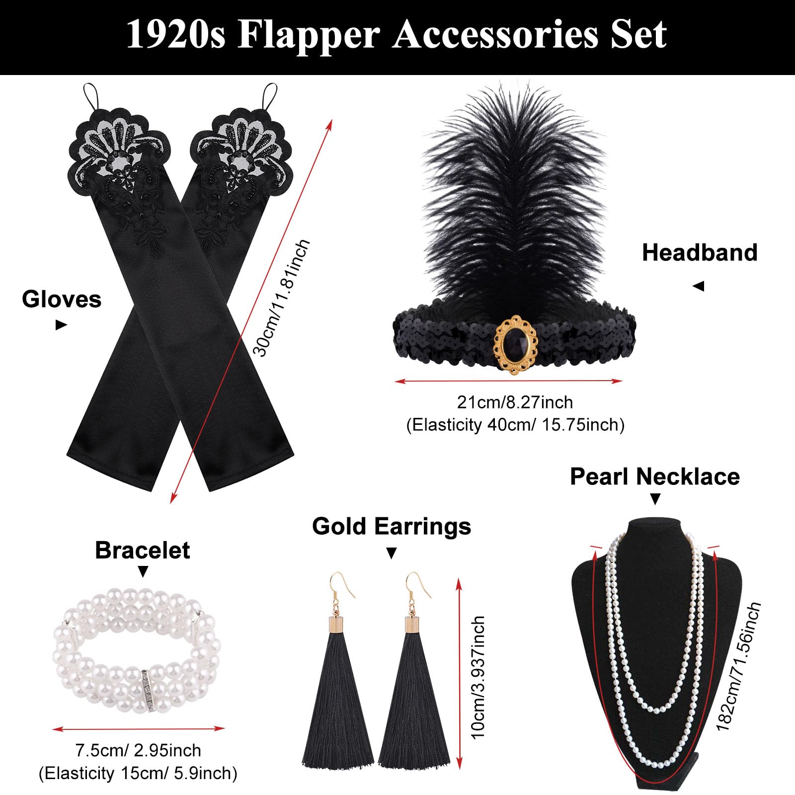 FEPITO Accessoires Années 20 Femme Noir Doré Déguisement