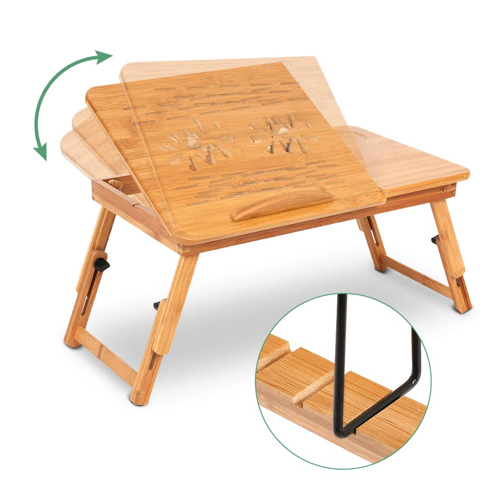 Ejoyous Table de Lit Bambou Réglable Pliable Ordinateur