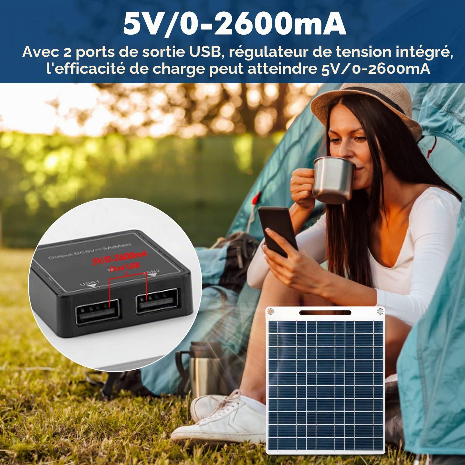 Jadeshay Panneau Solaire 30W 5V Double USB Portable