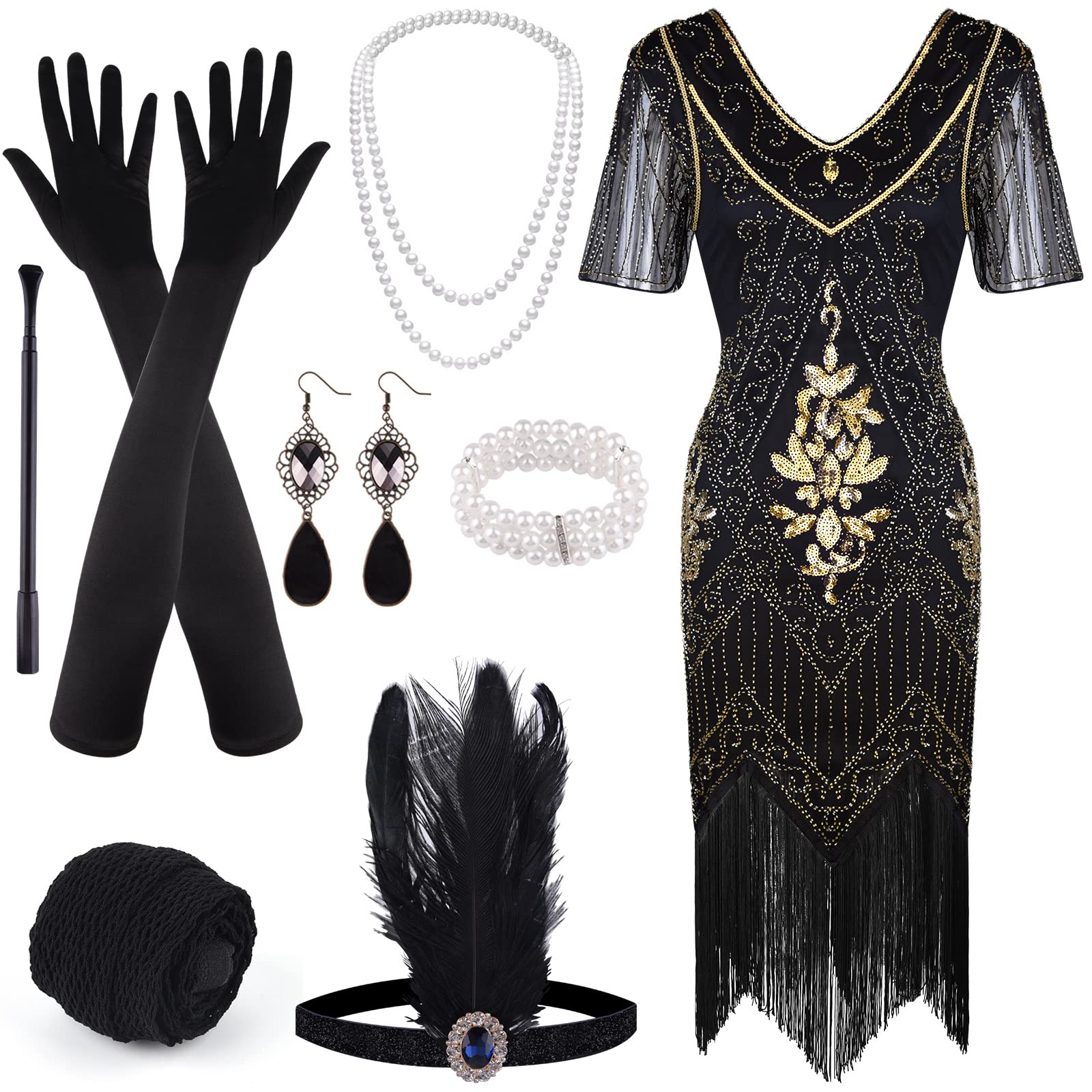 FEPITO robe charleston sequins franges années 20 avec accessoires