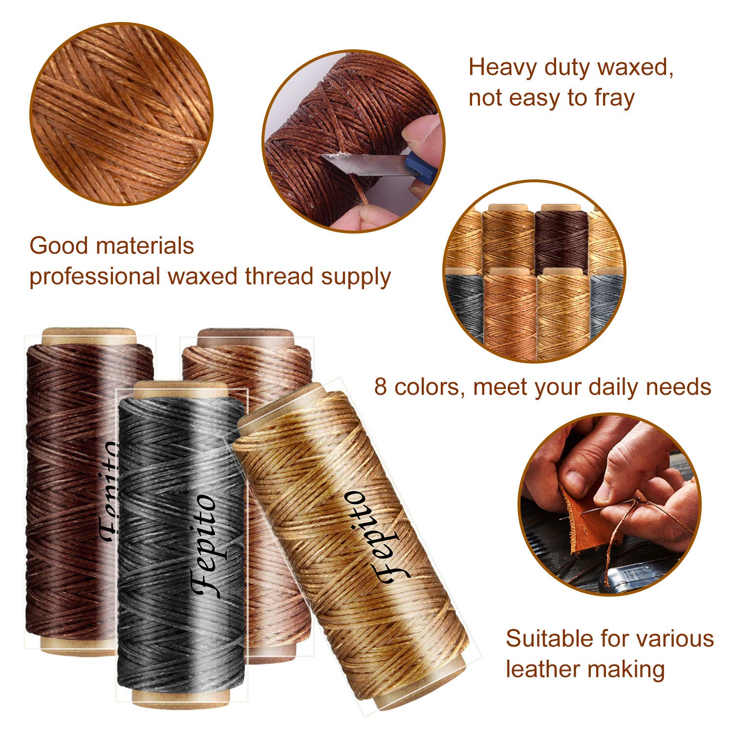 FEPITO fil ciré cuir 150D 8 couleurs kit 21 pièces