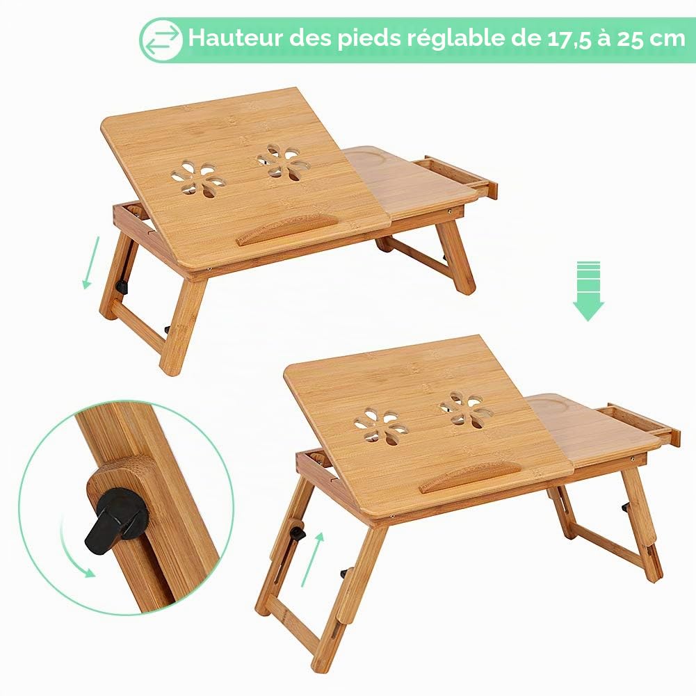 Ejoyous table de lit bambou pliable tiroir 50x30