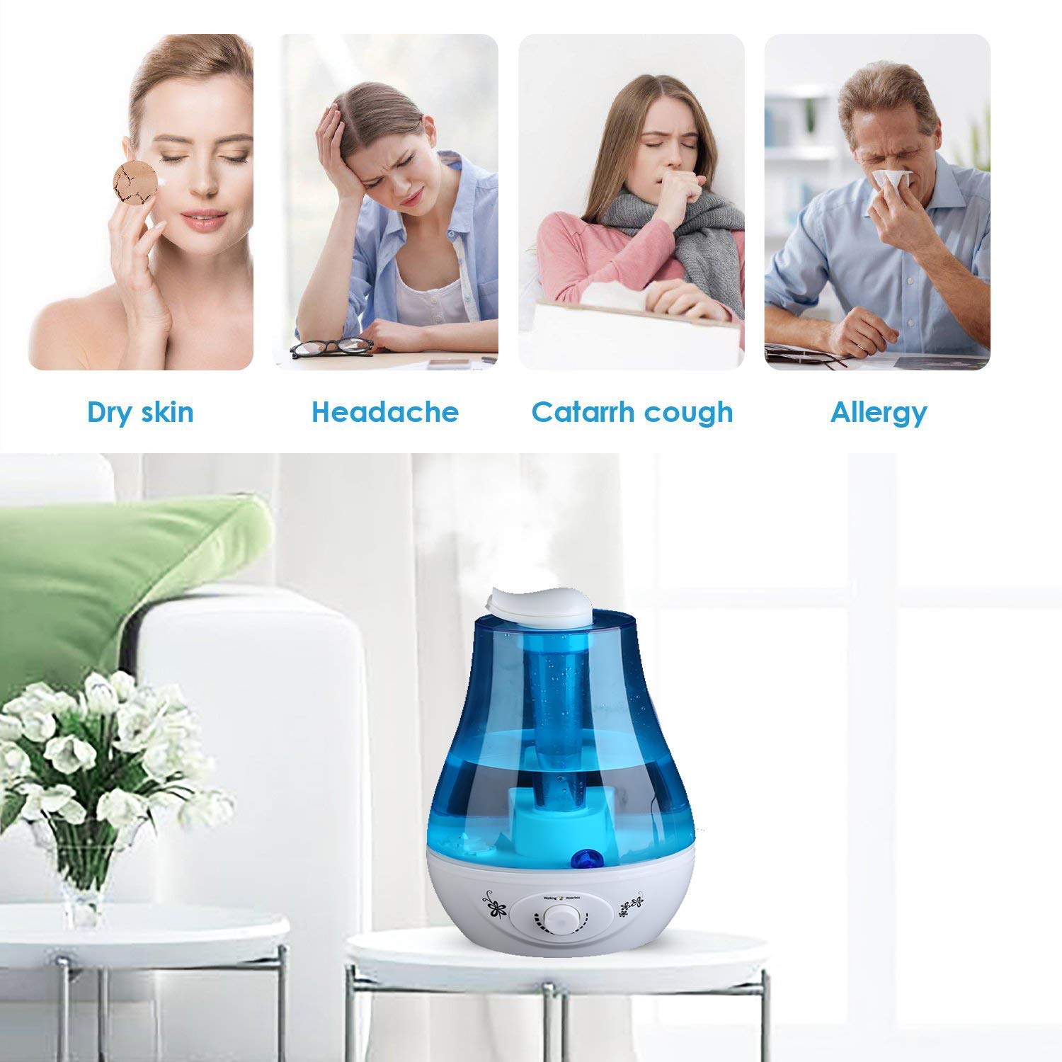 Ejoyous Living Room Humidificateur Ultrasons 3L Bleu