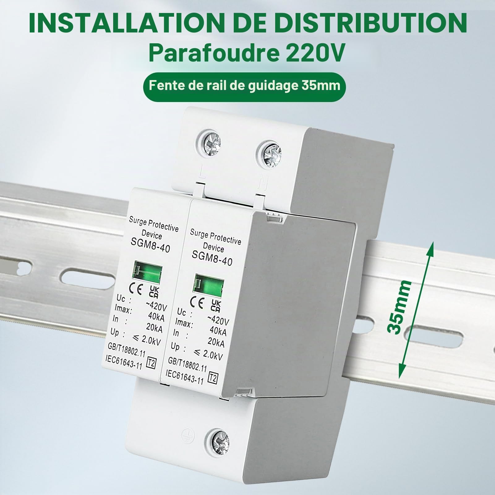 Jadeshay Parafoudre 2P 40kA 220V Rail DIN Maison