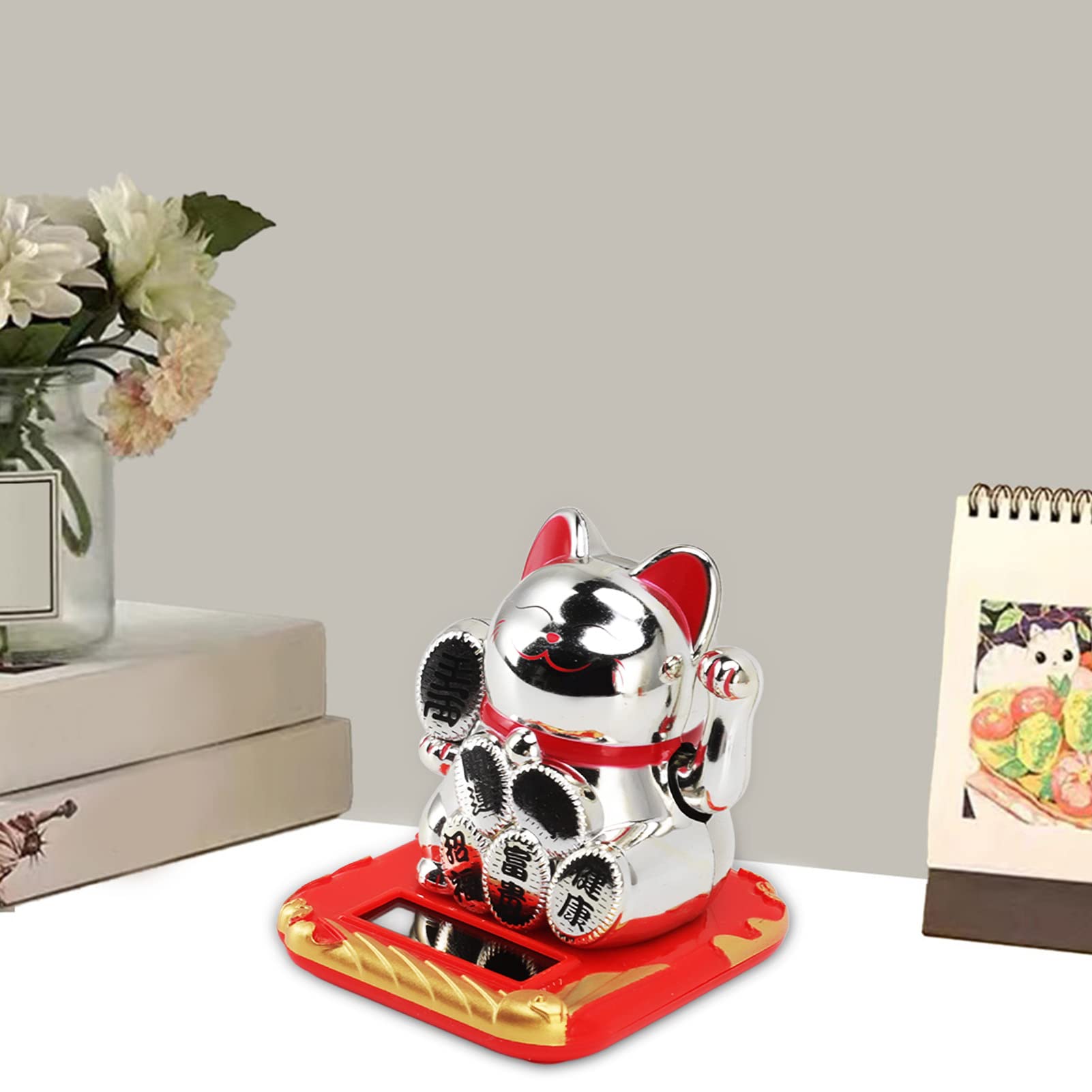 Tissting Outdoor chat ondulant solaire maneki neko argent
