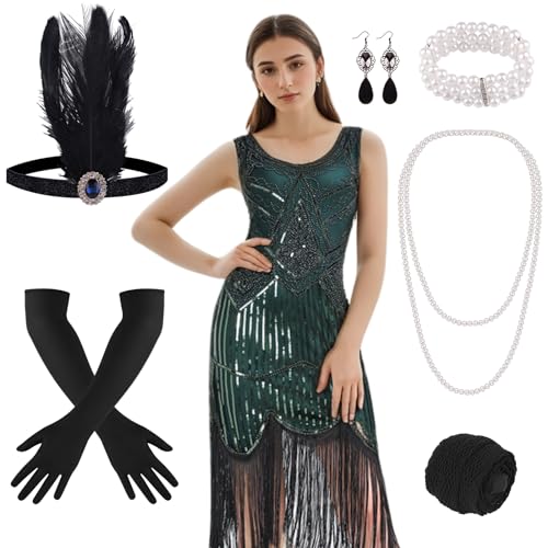 FEPITO Apparel robe charleston franges sequins col V + accessoires