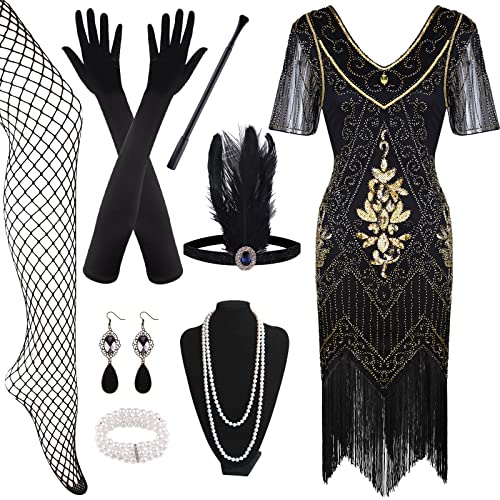 FEPITO robe charleston sequins franges années 20 avec accessoires