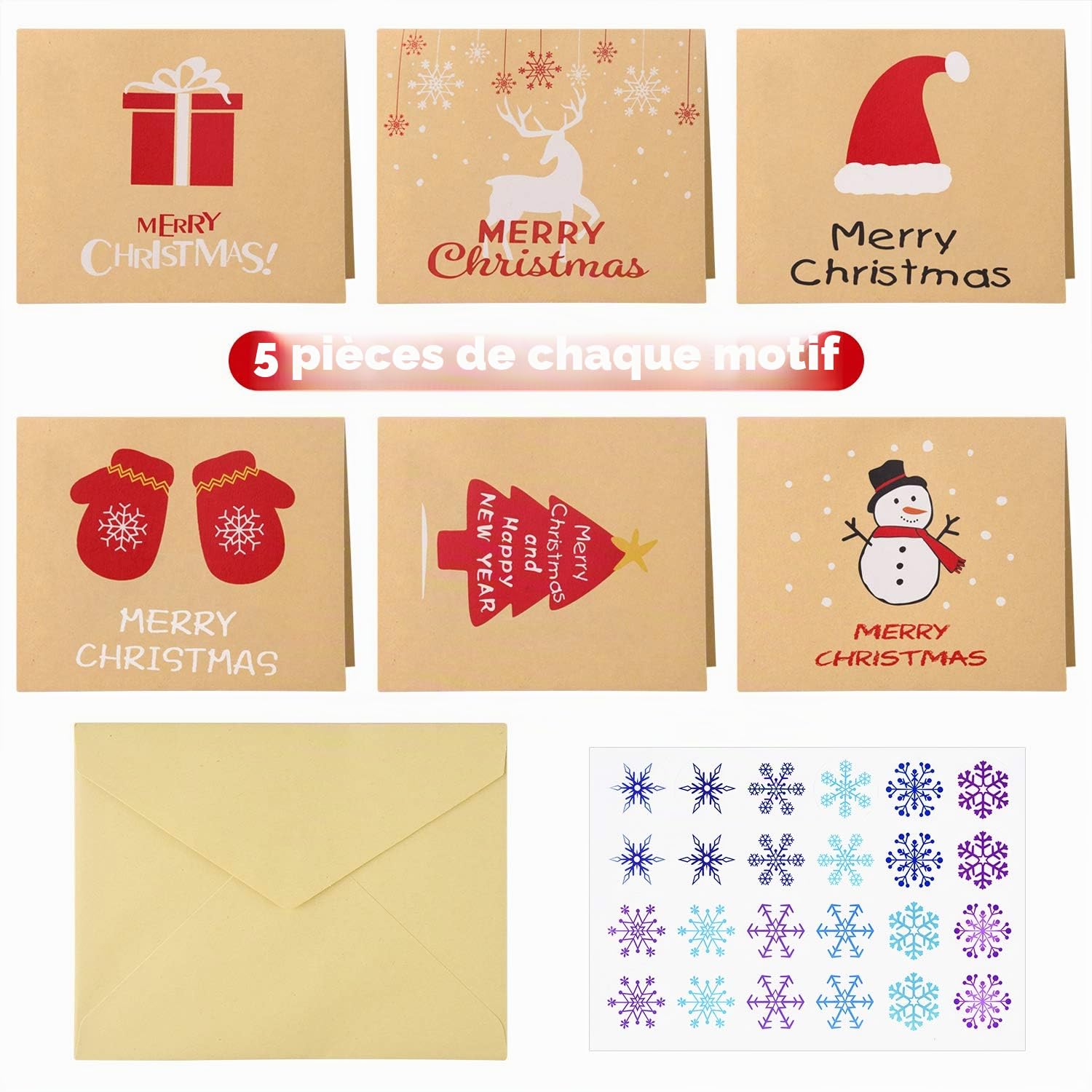 FEPITO Cartes Vœux Noël Kraft 30 Pièces + Enveloppes