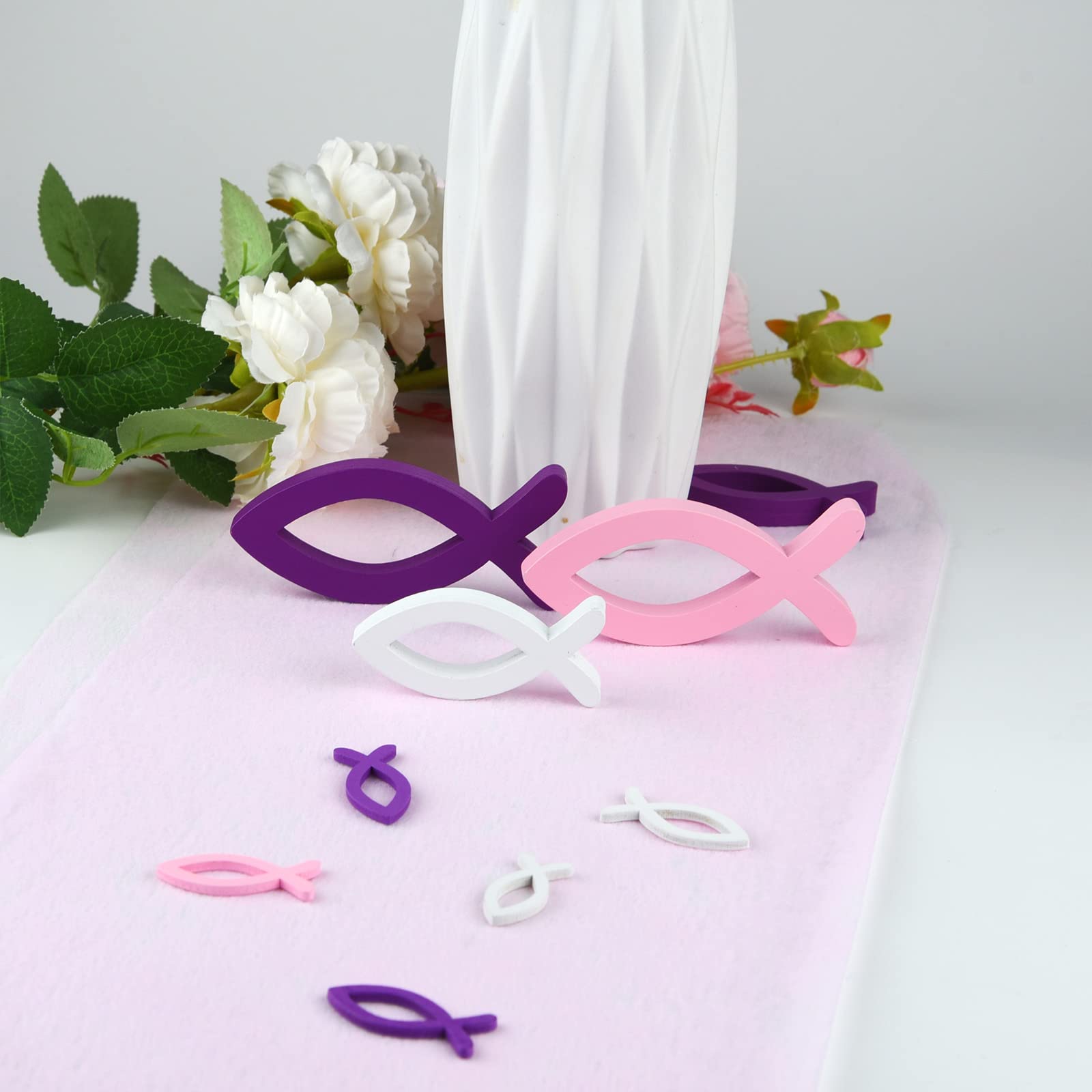 FEPITO Poisson Bois Déco Baptême Rose Violet Blanc Lot 9