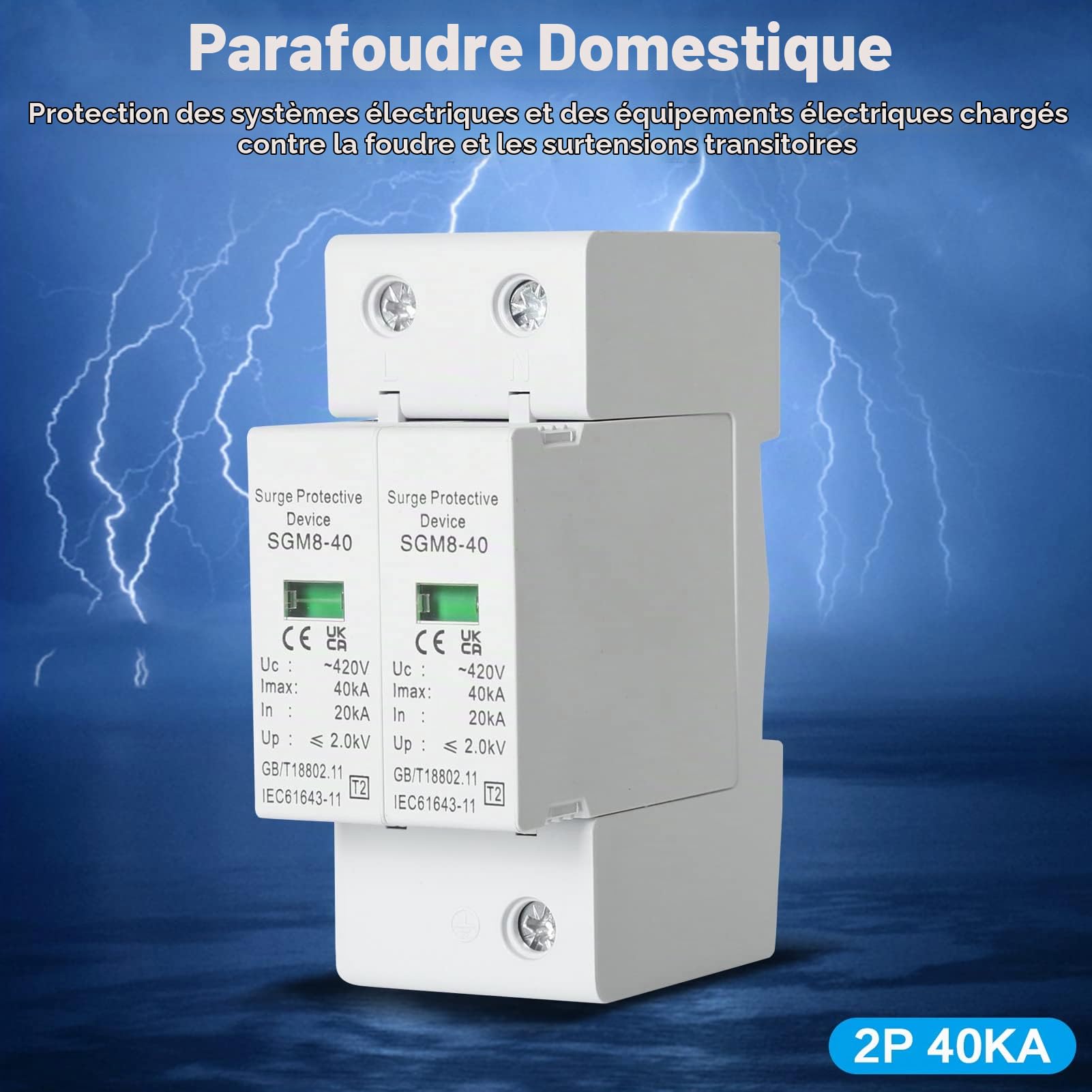 Jadeshay Parafoudre 2P 40kA 220V Rail DIN Maison