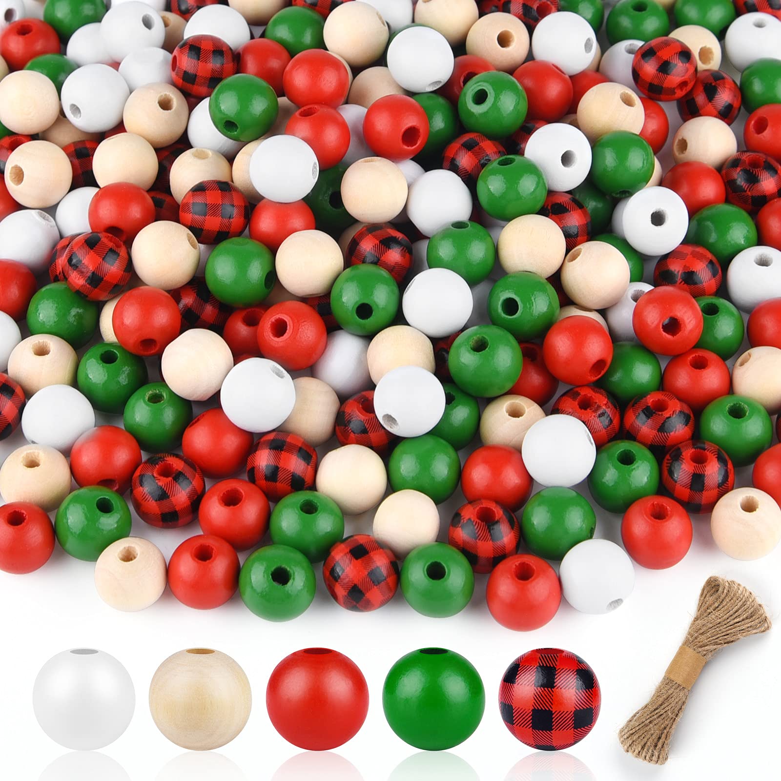 FEPITO 250 Perles Bois Noël Buffalo Plaid 16mm + Corde