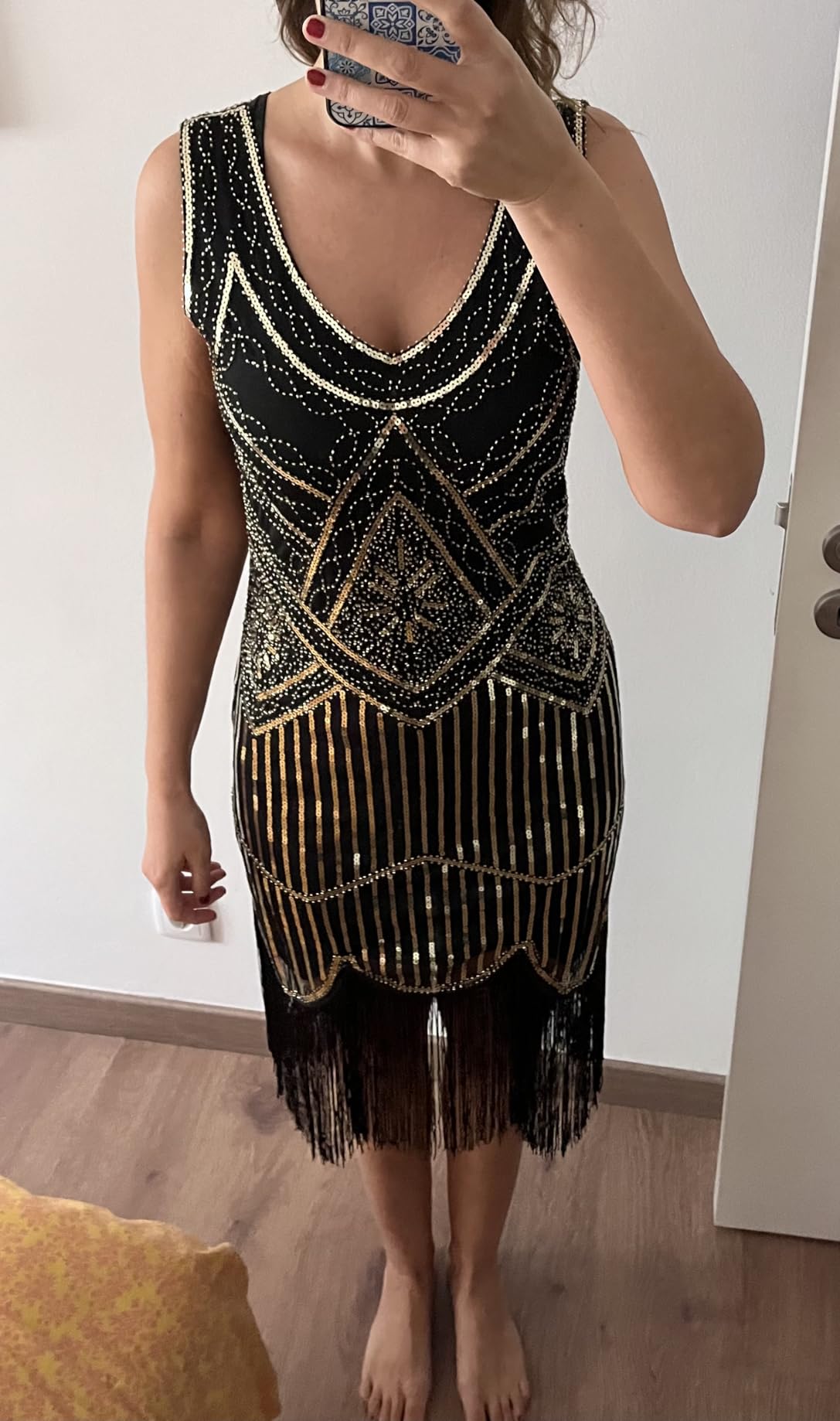 FEPITO Robe Gatsby 1920 robe Charleston à franges noir et doré taille M