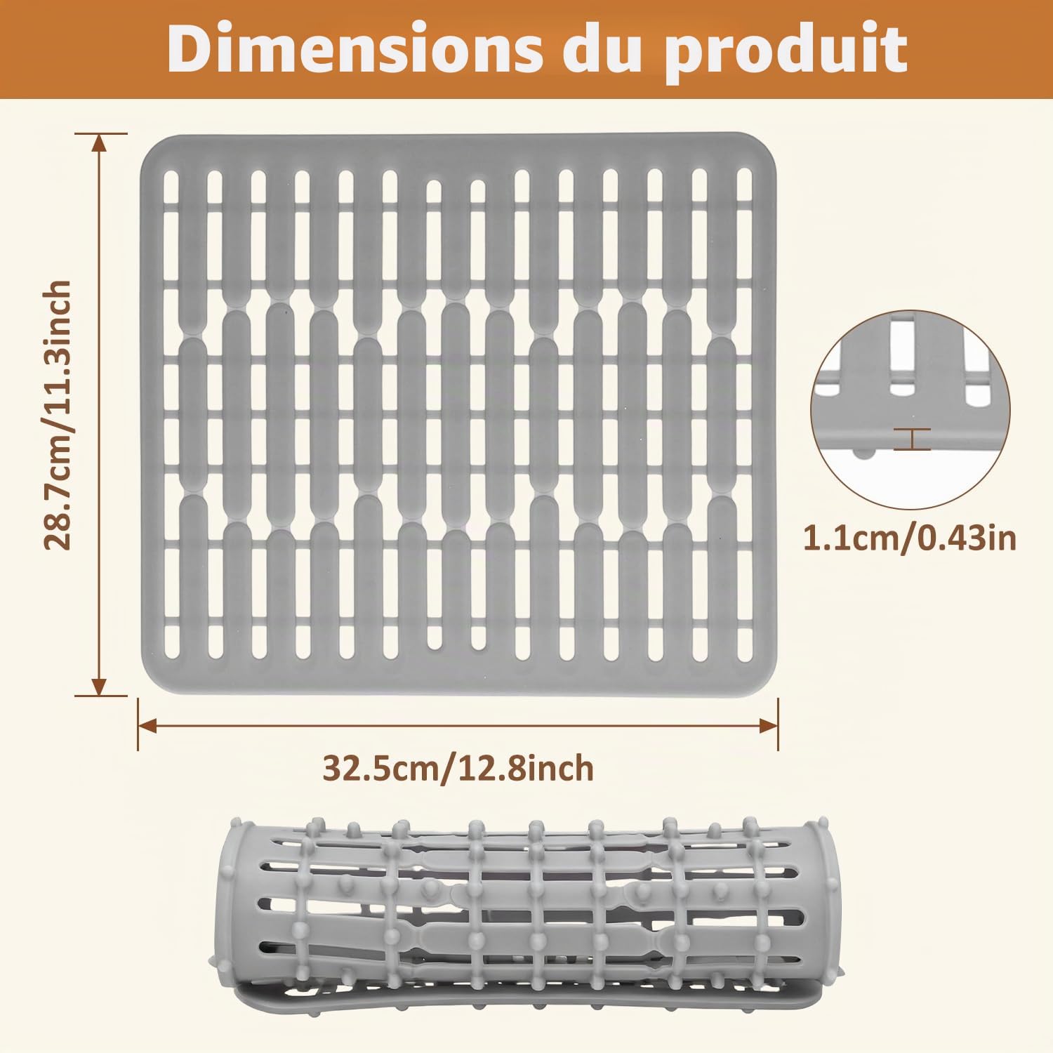 Tissting Tapis Évier Silicone Gris 32,5x28,7 cm