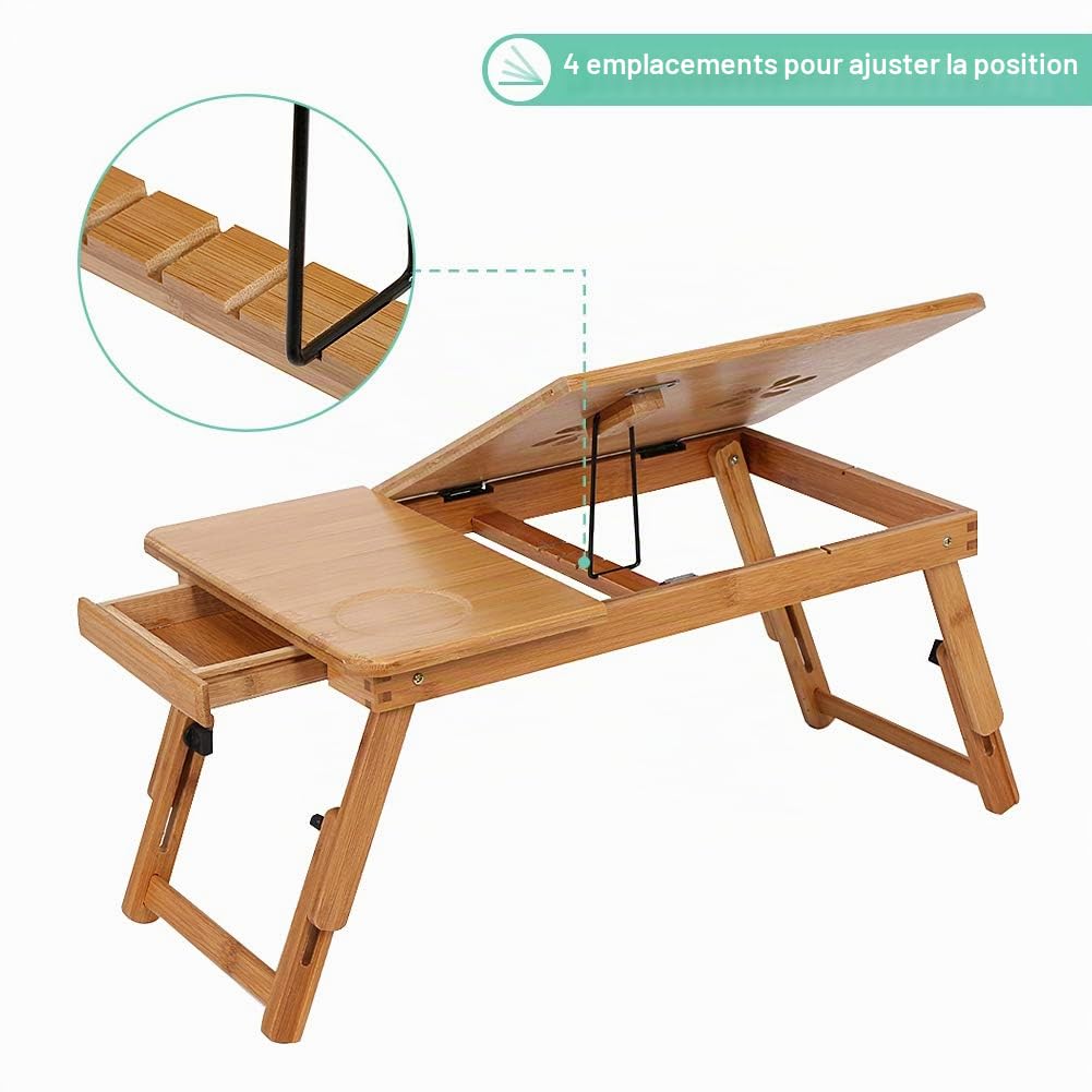 Ejoyous table de lit bambou pliable tiroir 50x30