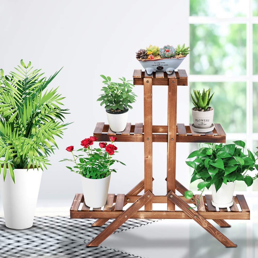 Ejoyous Étagère Fleurs Bois Pin 3 Niveaux Support Plantes