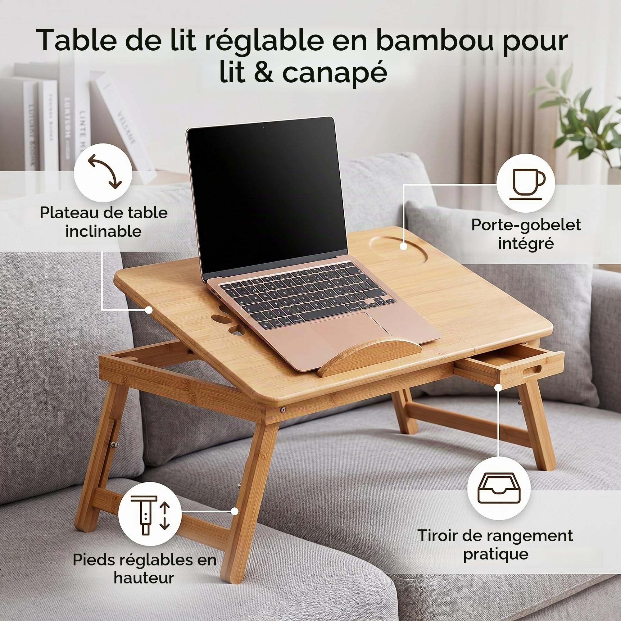 Ejoyous Table de lit bambou pliable tiroir réglable
