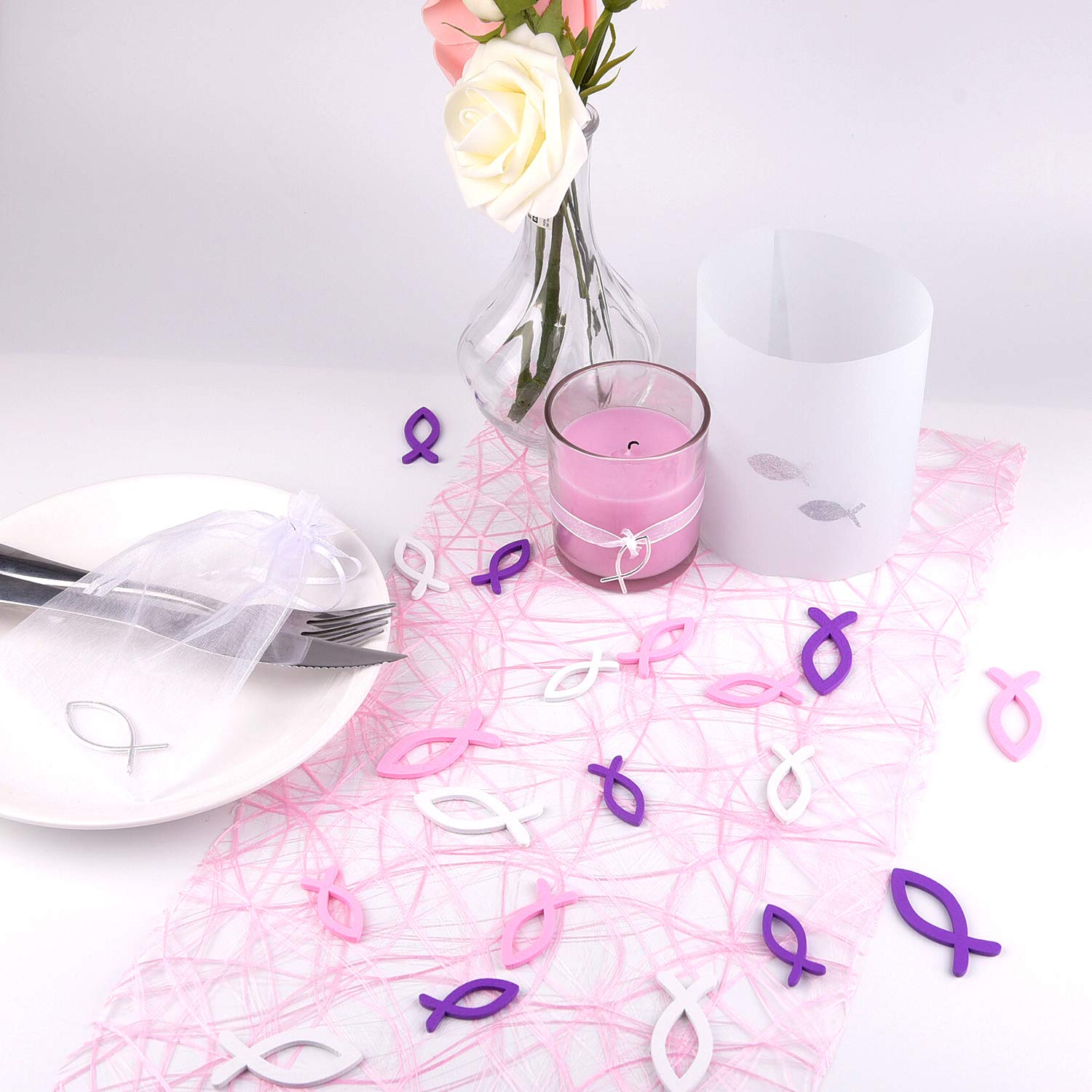 FEPITO 108 poissons bois déco blanc rose violet