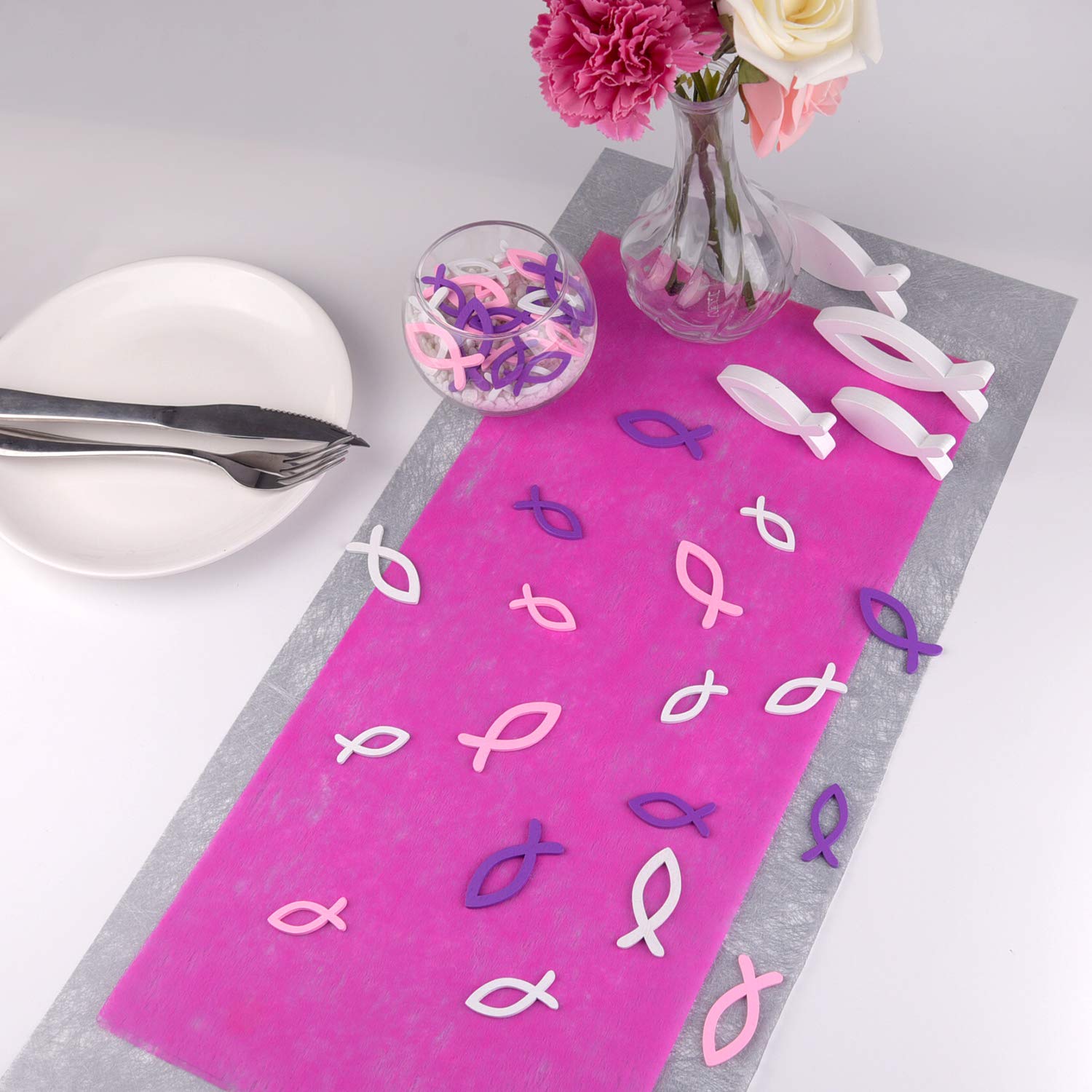 FEPITO 108 poissons bois déco blanc rose violet