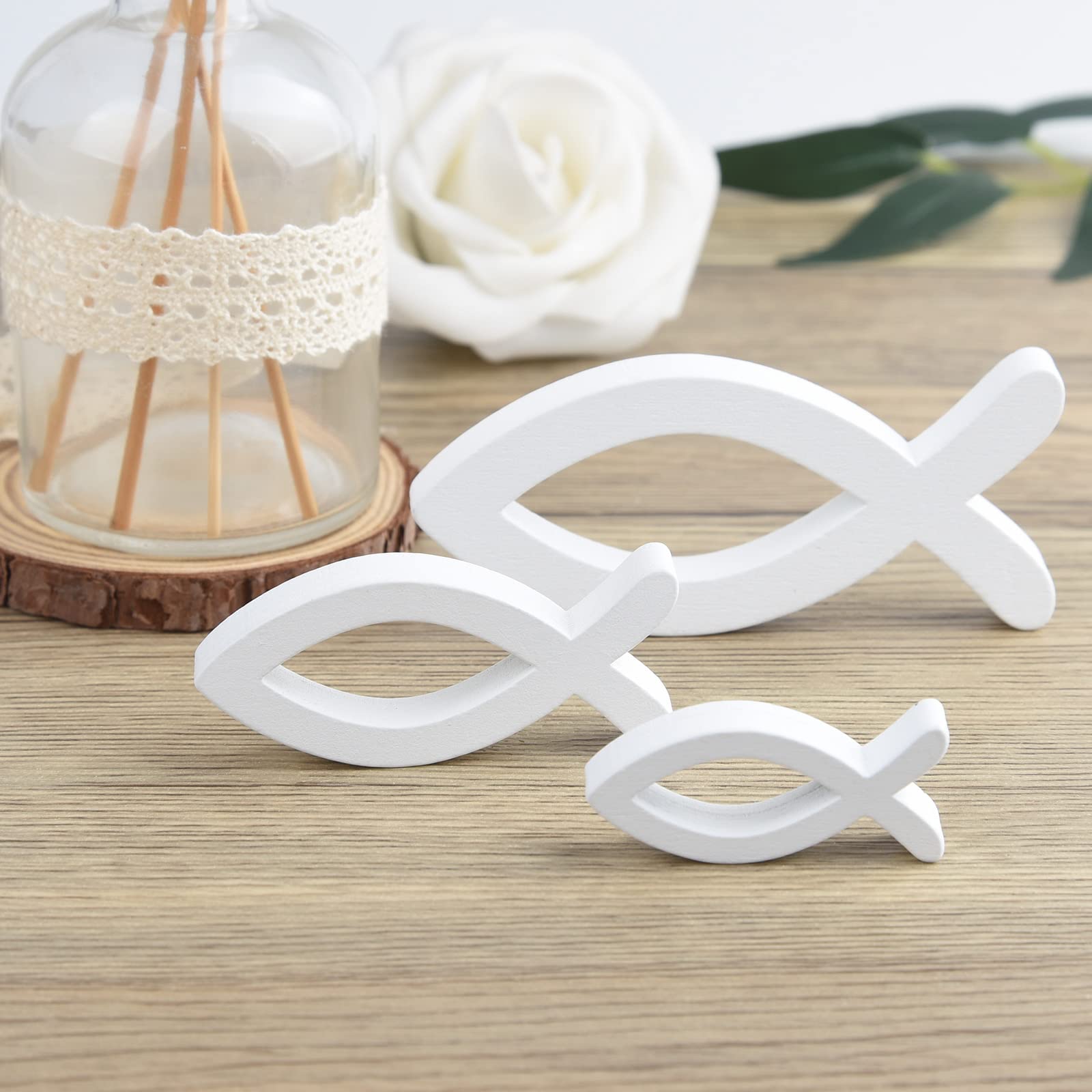 FEPITO Poissons Bois Blancs Déco Table 66 Pièces baptême