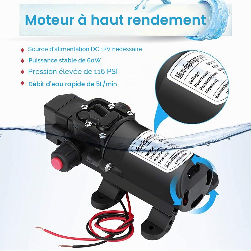 Ejoyous Pompe à Eau 12V 115Psi 5L/min 60W auto-amorçante