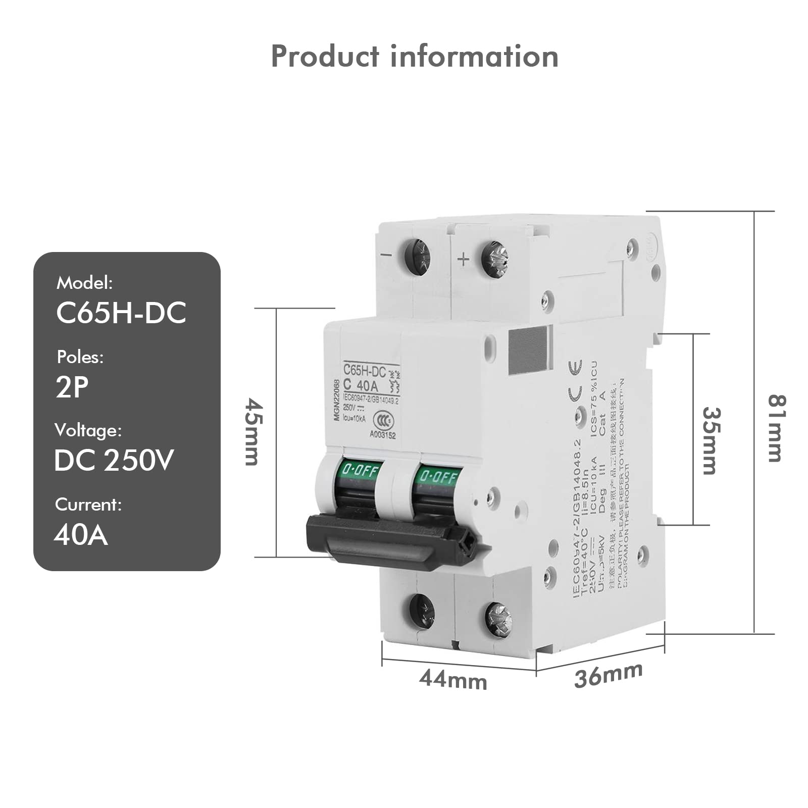 Jadeshay Disjoncteur DC 2P 250V 40A Solaire Rail DIN