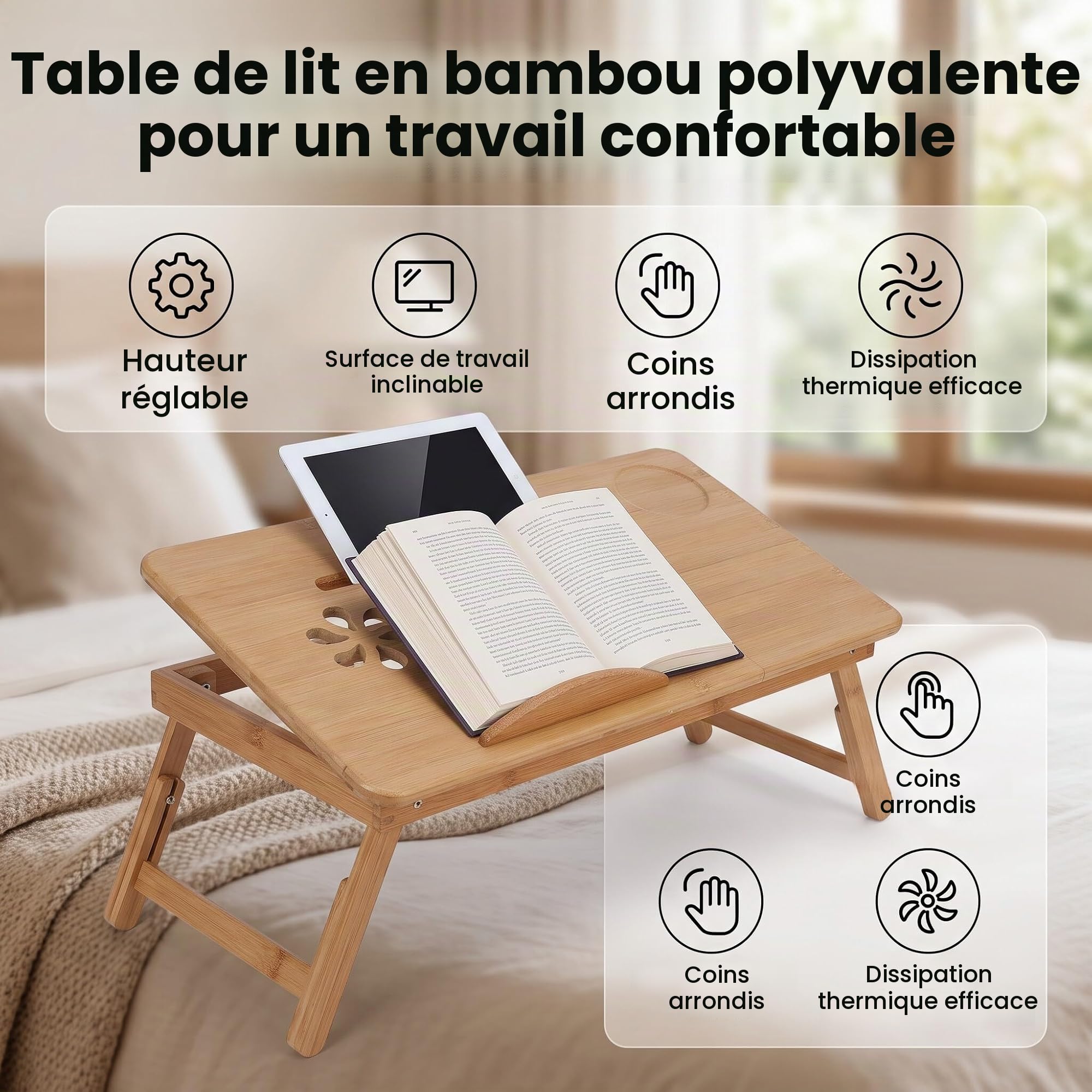 Ejoyous Table de lit bambou pliable tiroir réglable