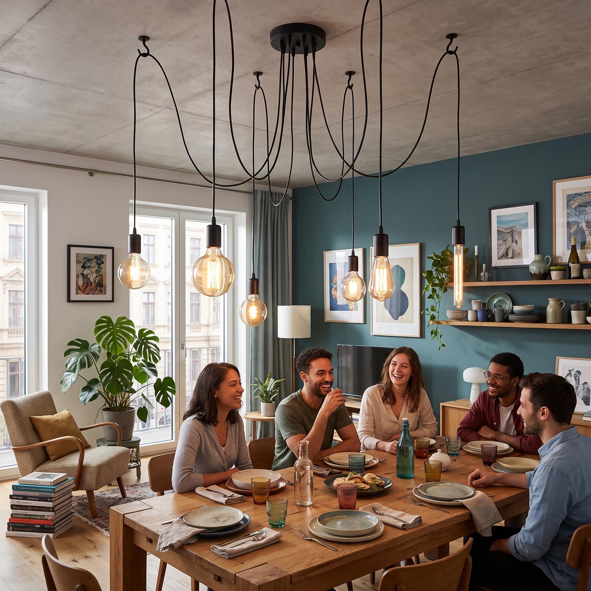 Ejoyous Living lustre araignée 6 têtes E27 noir câbles 2m