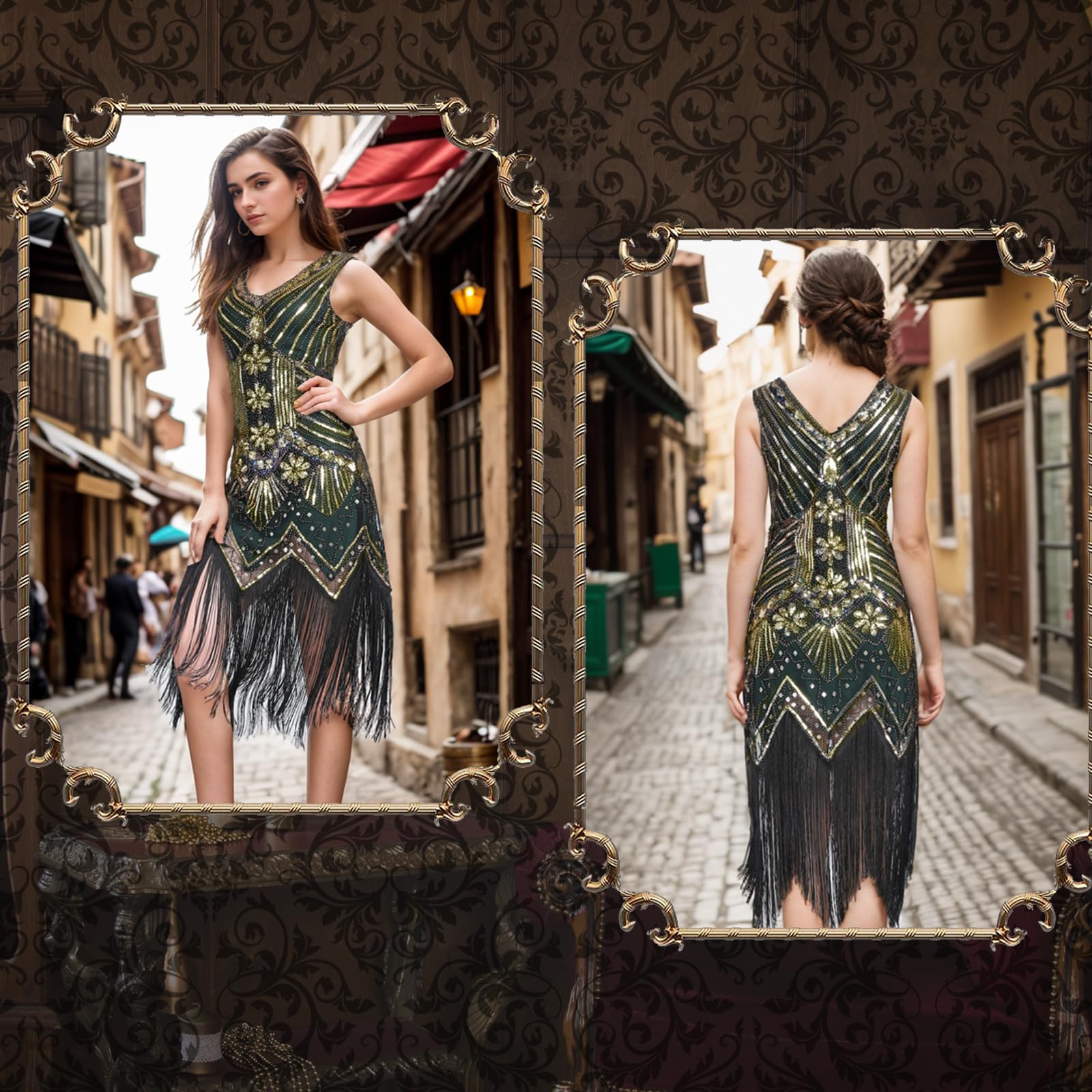 FEPITO Robe Gatsby 1920 robe Charleston à franges noir et doré taille M