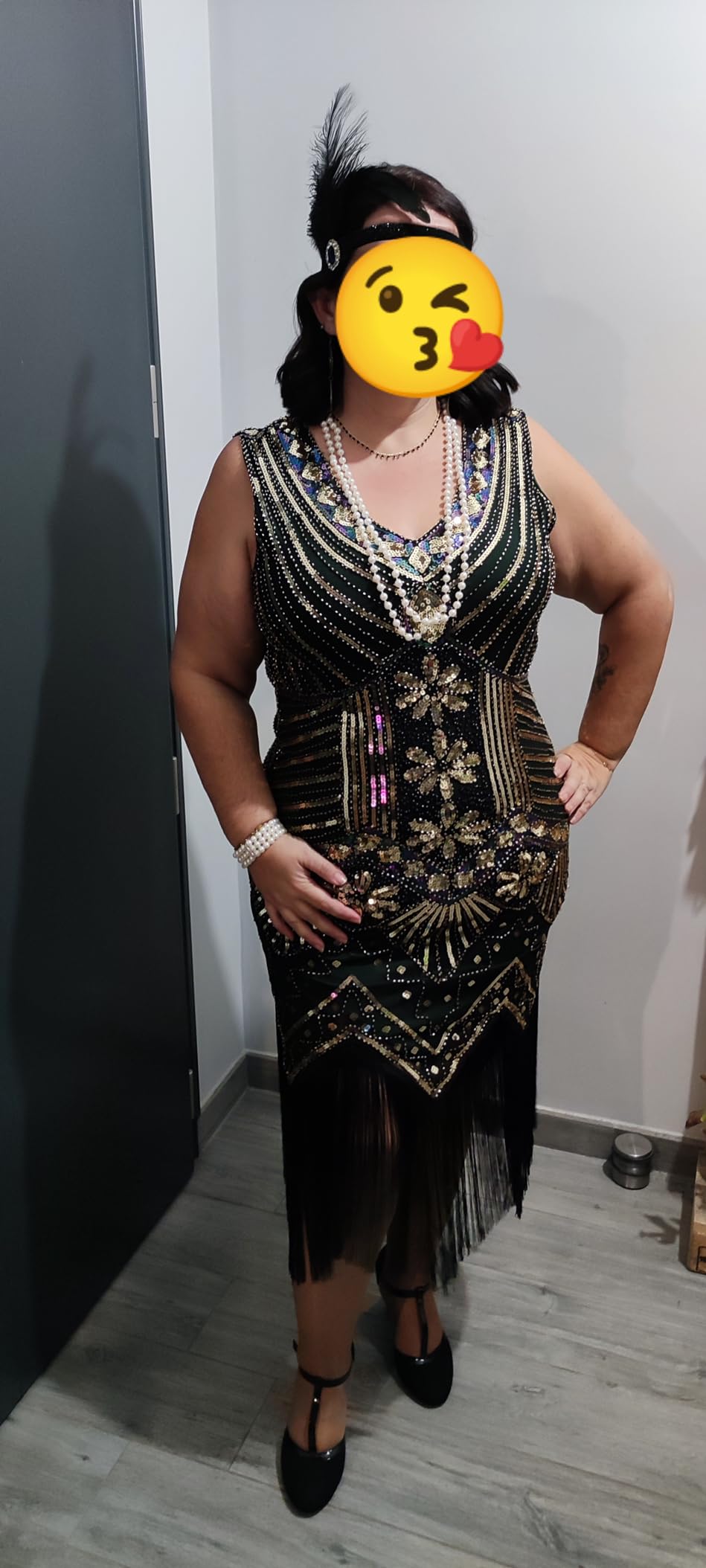FEPITO Robe Gatsby 1920 robe Charleston à franges noir et doré taille M