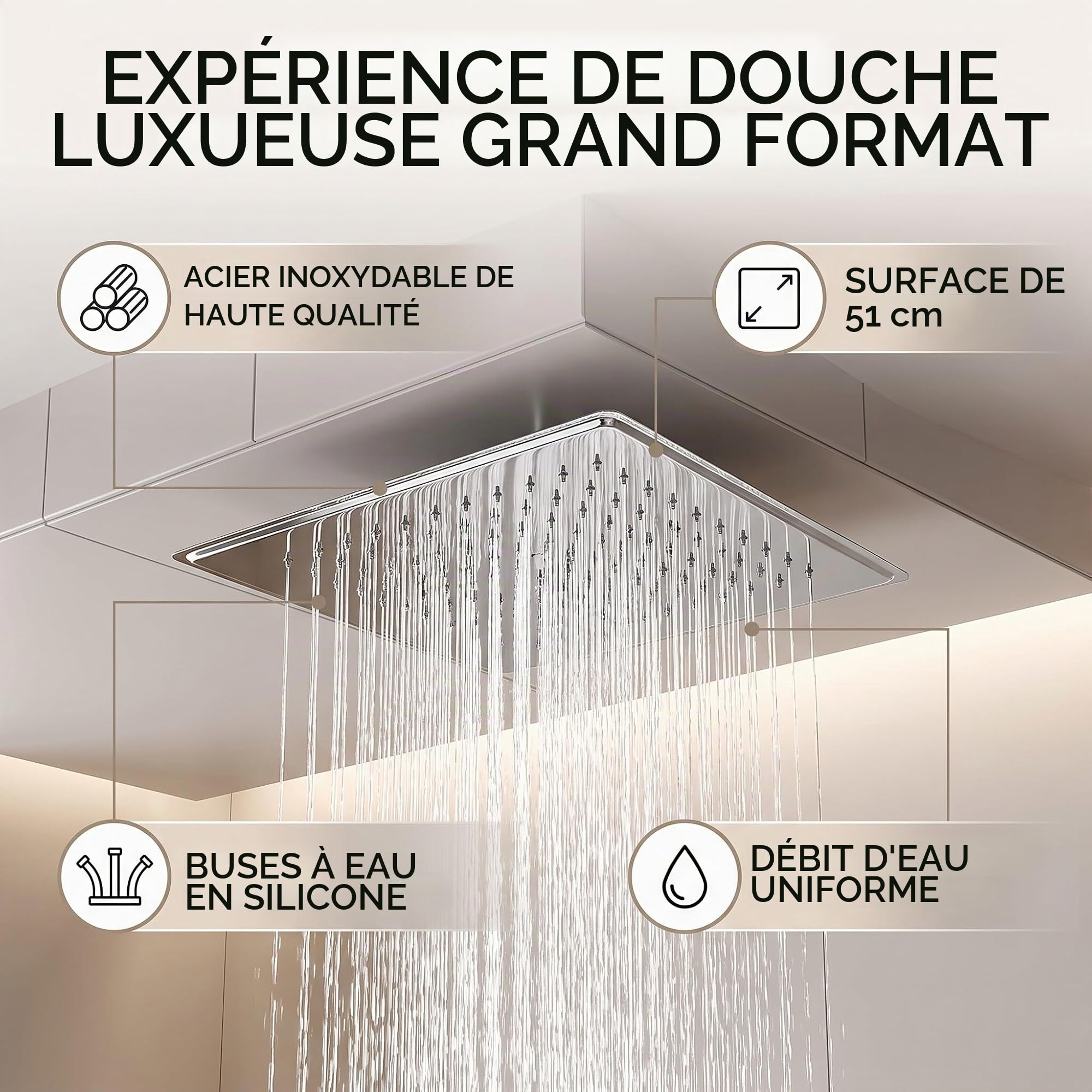 Ejoyous Bathroom Pommeau Douche Pluie 50x50cm Inox Argent