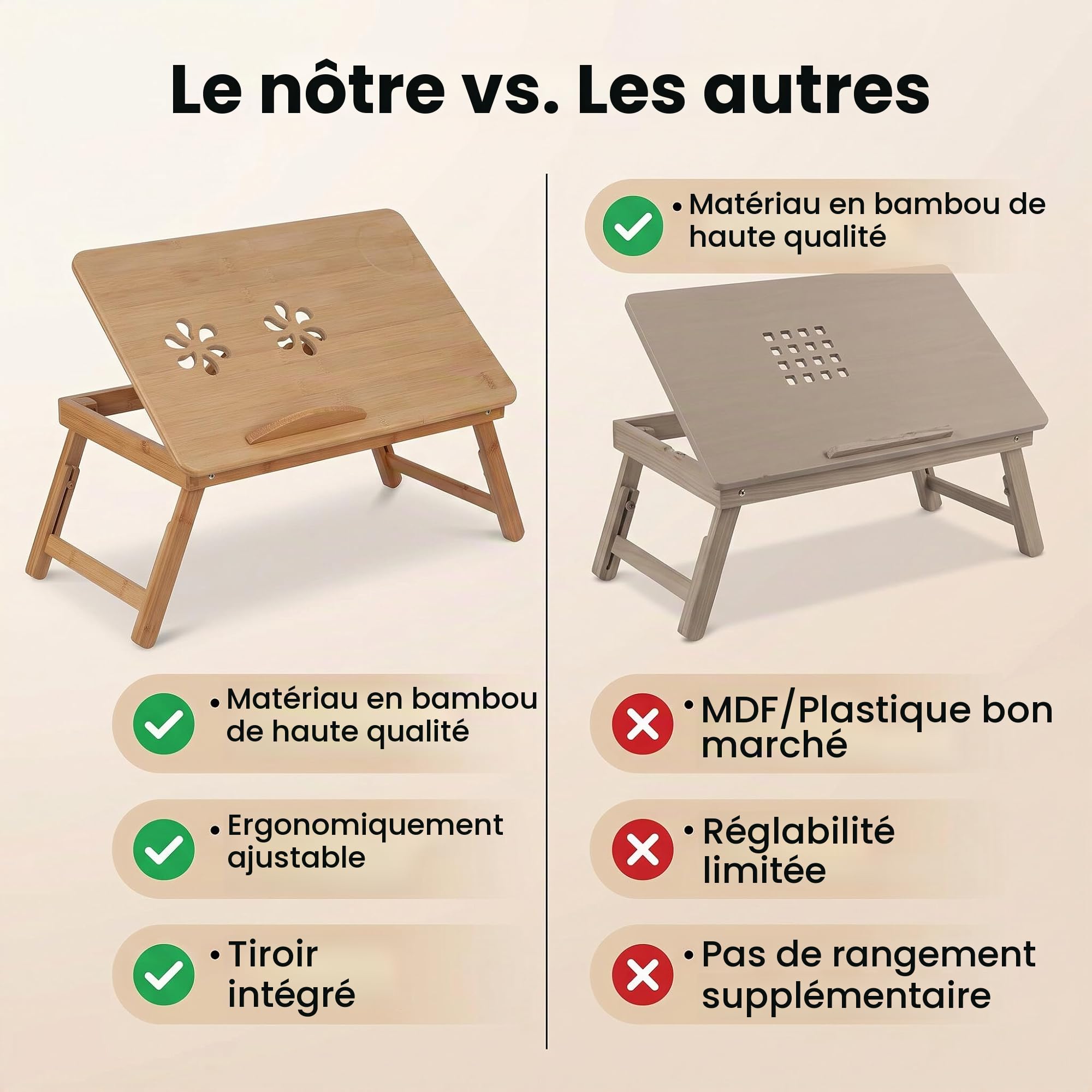 Ejoyous Table de lit bambou pliable tiroir réglable