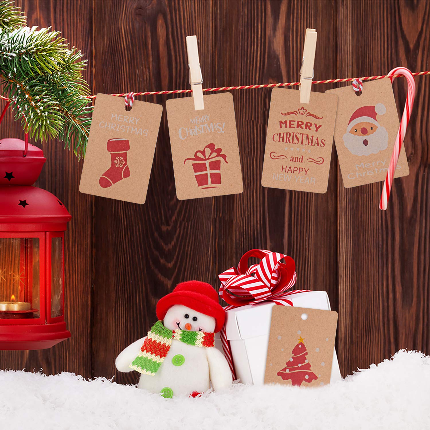 FEPITO Greeting Cards 50 étiquettes cadeau Noël kraft ficelle