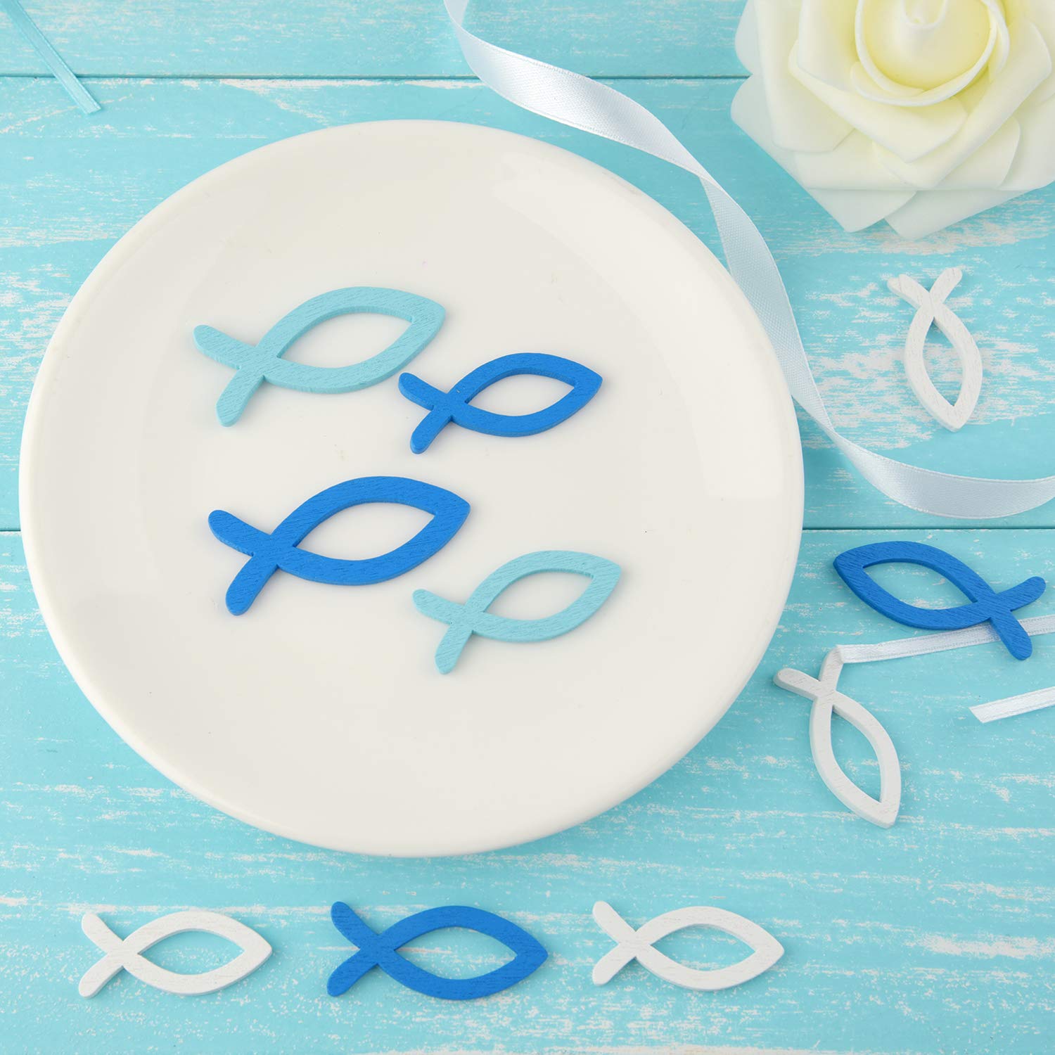 FEPITO Party Decorations 54 poissons bois déco table bleu blanc