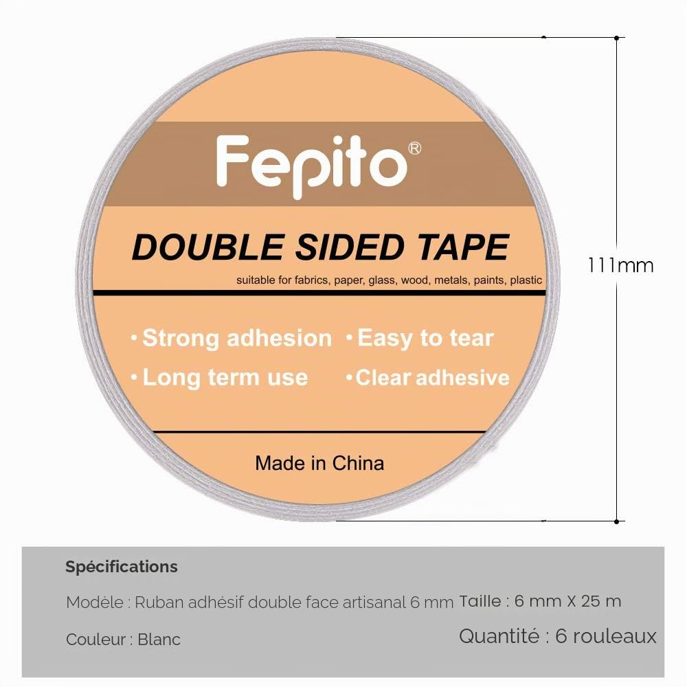 Fepito 6mmx25m Ruban Adhésif Double Face Lot de 6