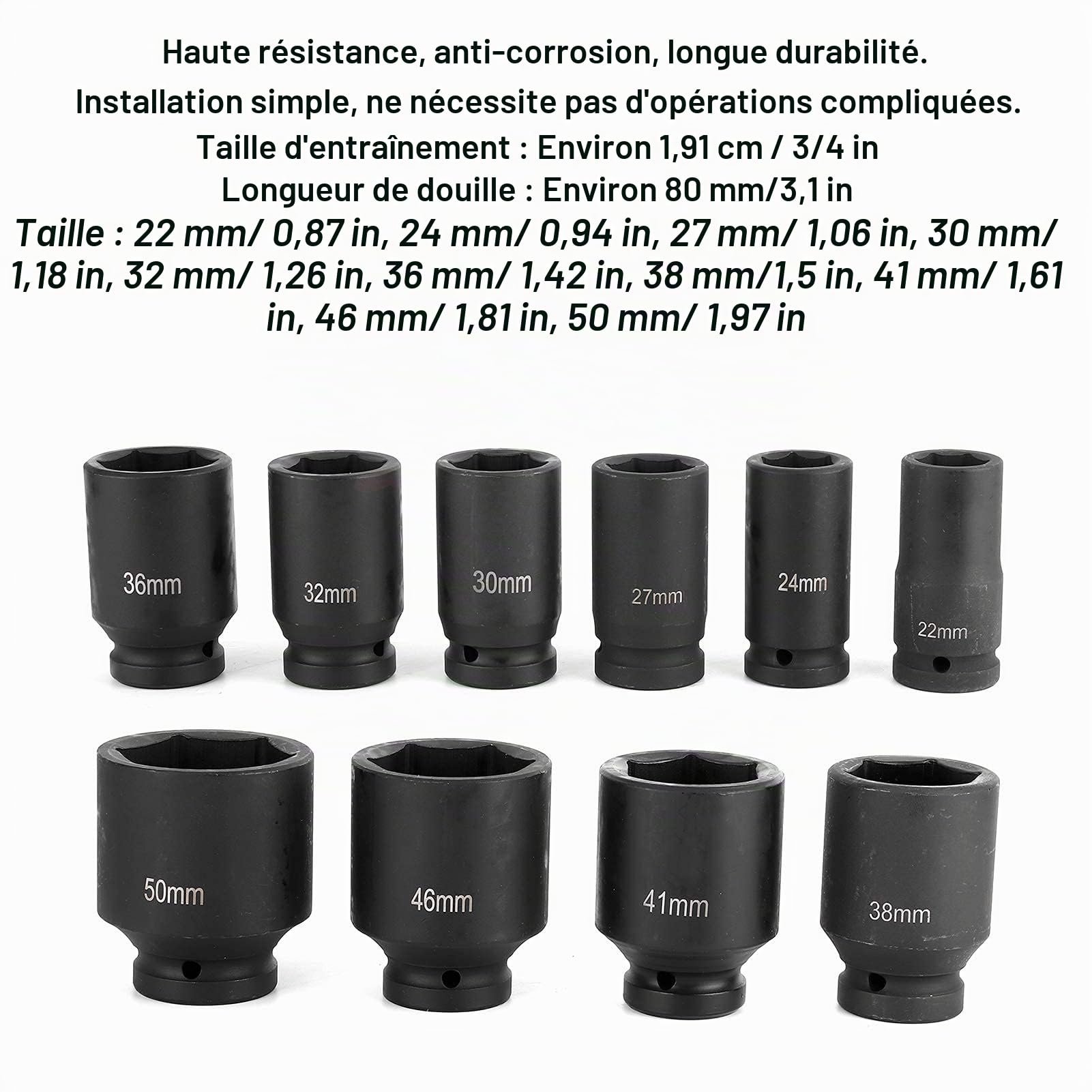 Ejoyous Jeu Douilles À Chocs 3/4" 10 Pièces 22-50 mm