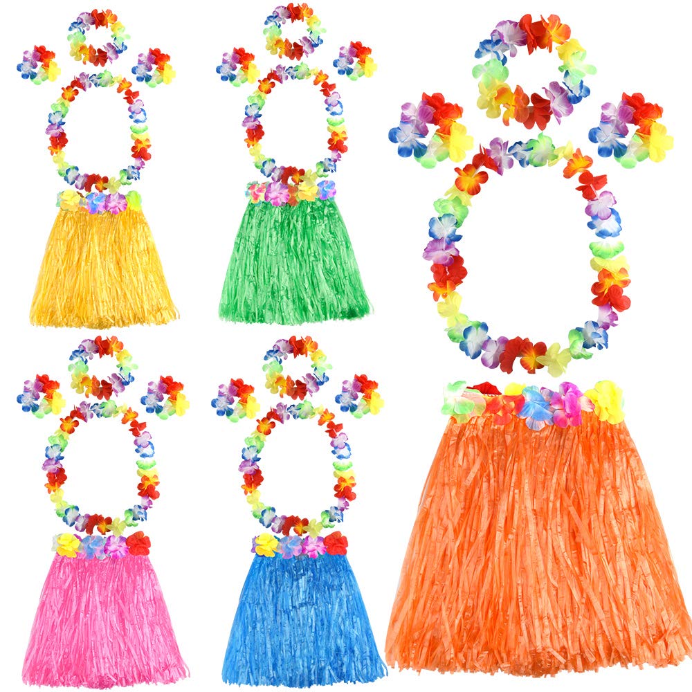 FEPITO Costume Hawaïen Femme Jupe Hula + Leis 6 Pièces