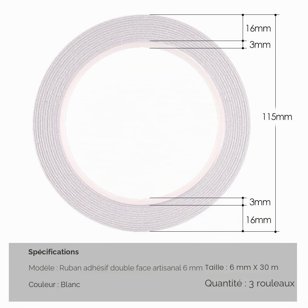 FEPITO Lot 3 Ruban Double Face 6mm x 30m Bureau