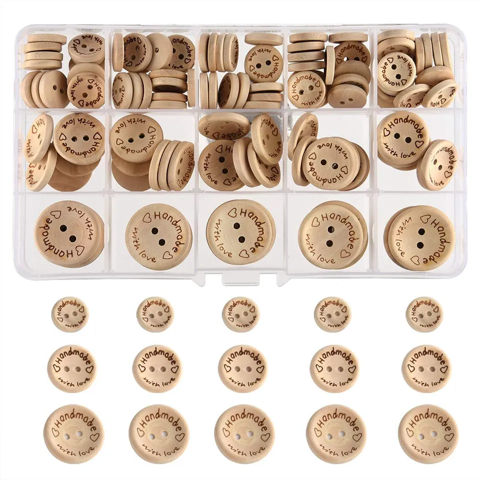 FEPITO Boutons Bois Rond With Love 140 Pièces 15-25 mm