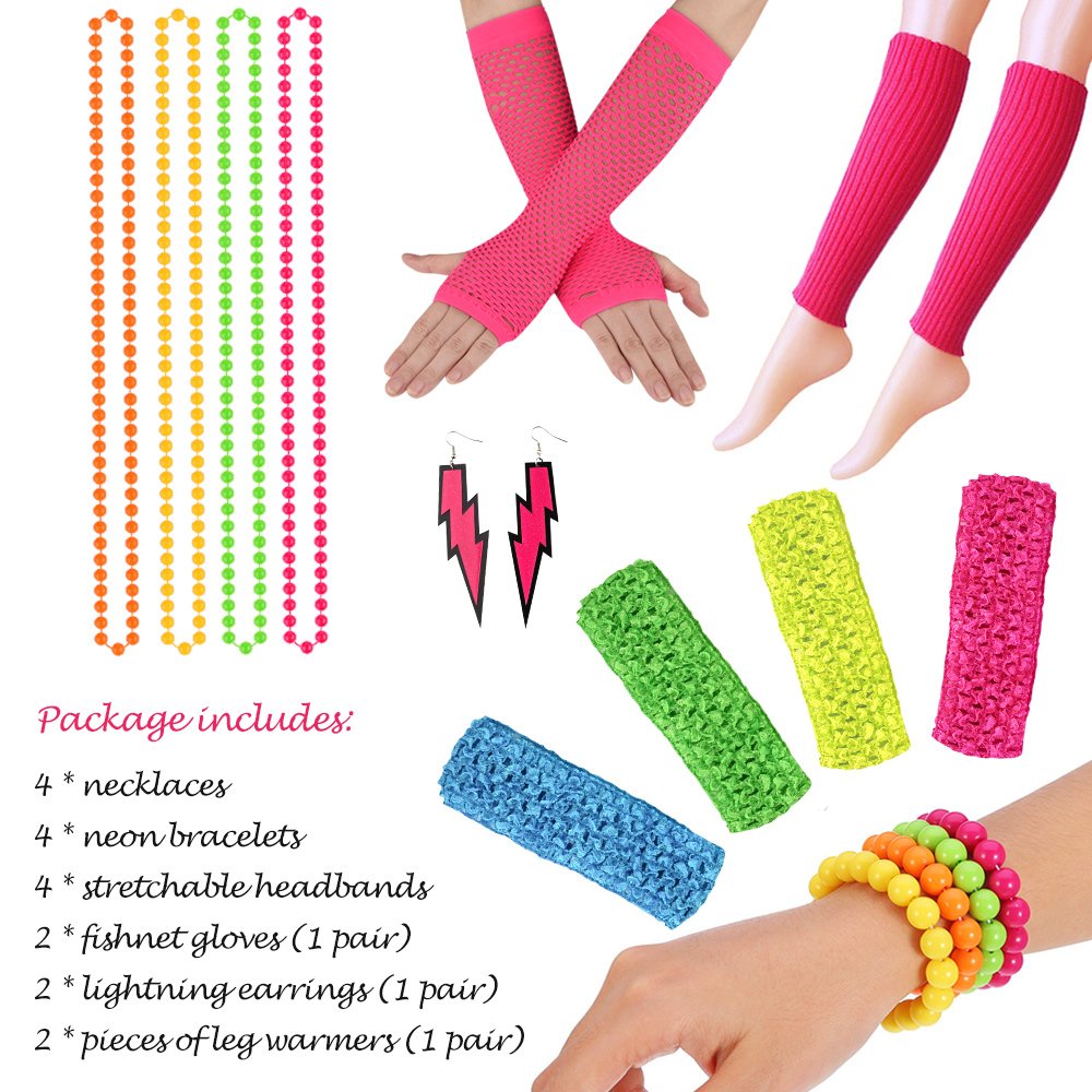 FEPITO Kit 18 Accessoires Années 80 Fluo Déguisement