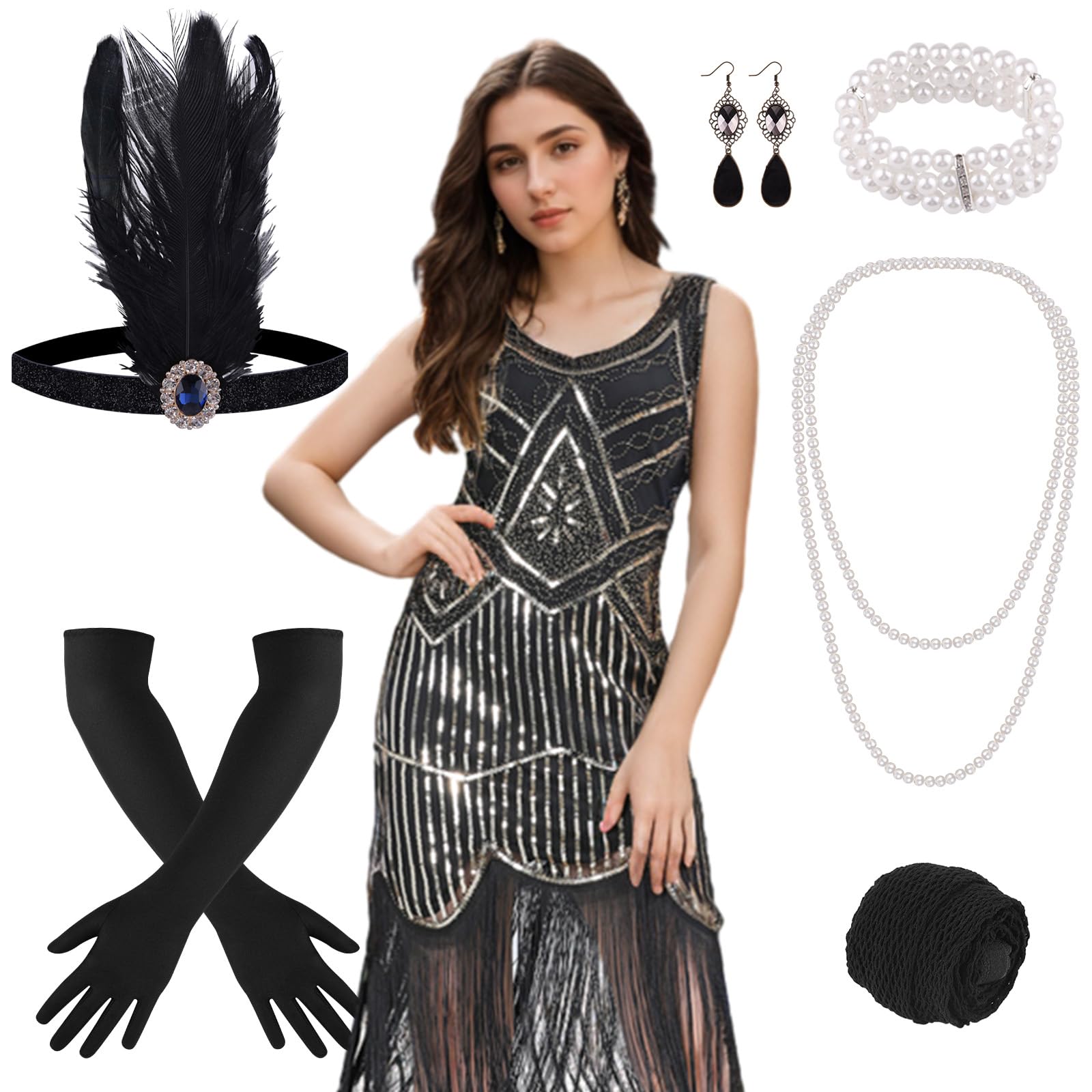 FEPITO Robe Gatsby 1920 robe Charleston à franges noir et doré taille M