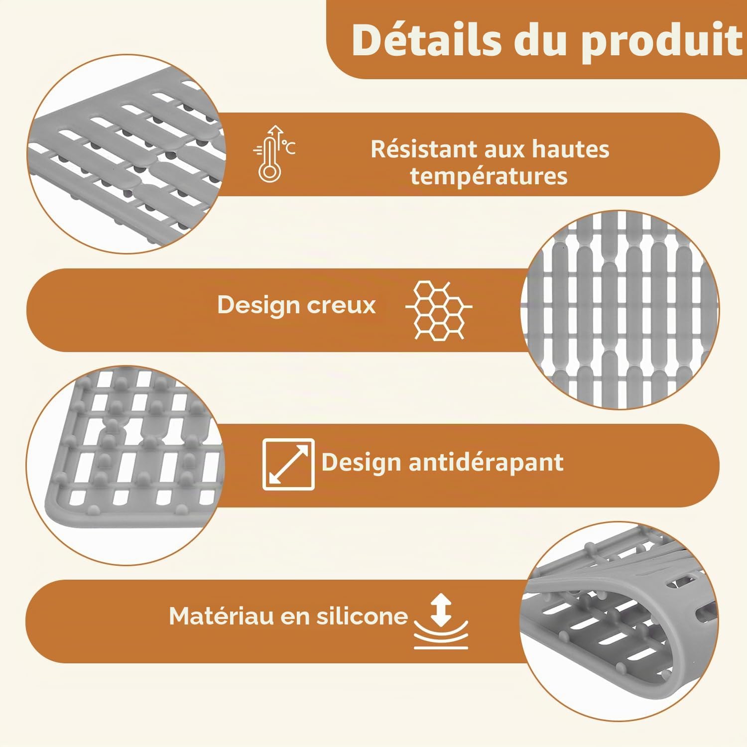 Tissting Tapis Évier Silicone Gris 32,5x28,7 cm
