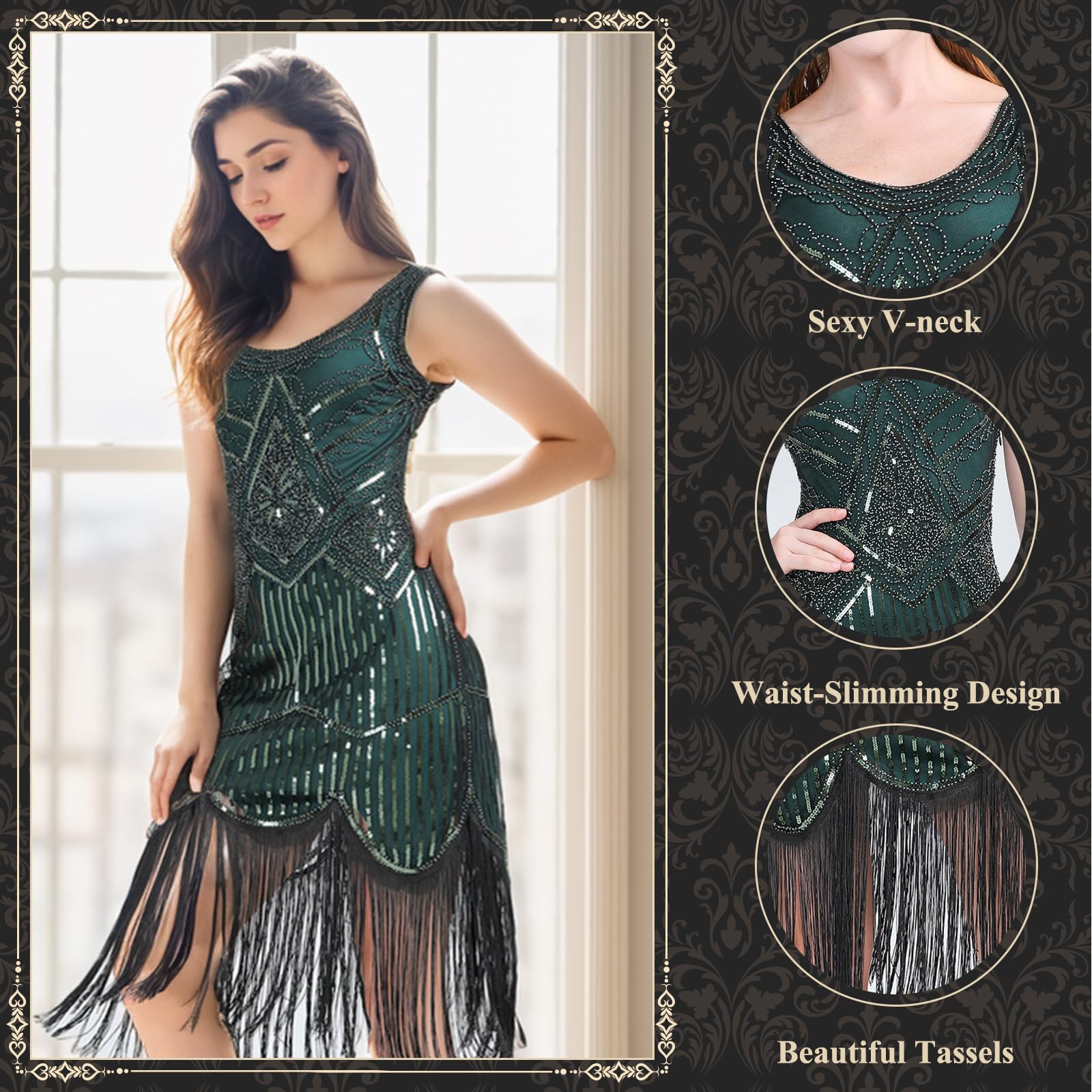 FEPITO Apparel robe charleston franges sequins col V + accessoires