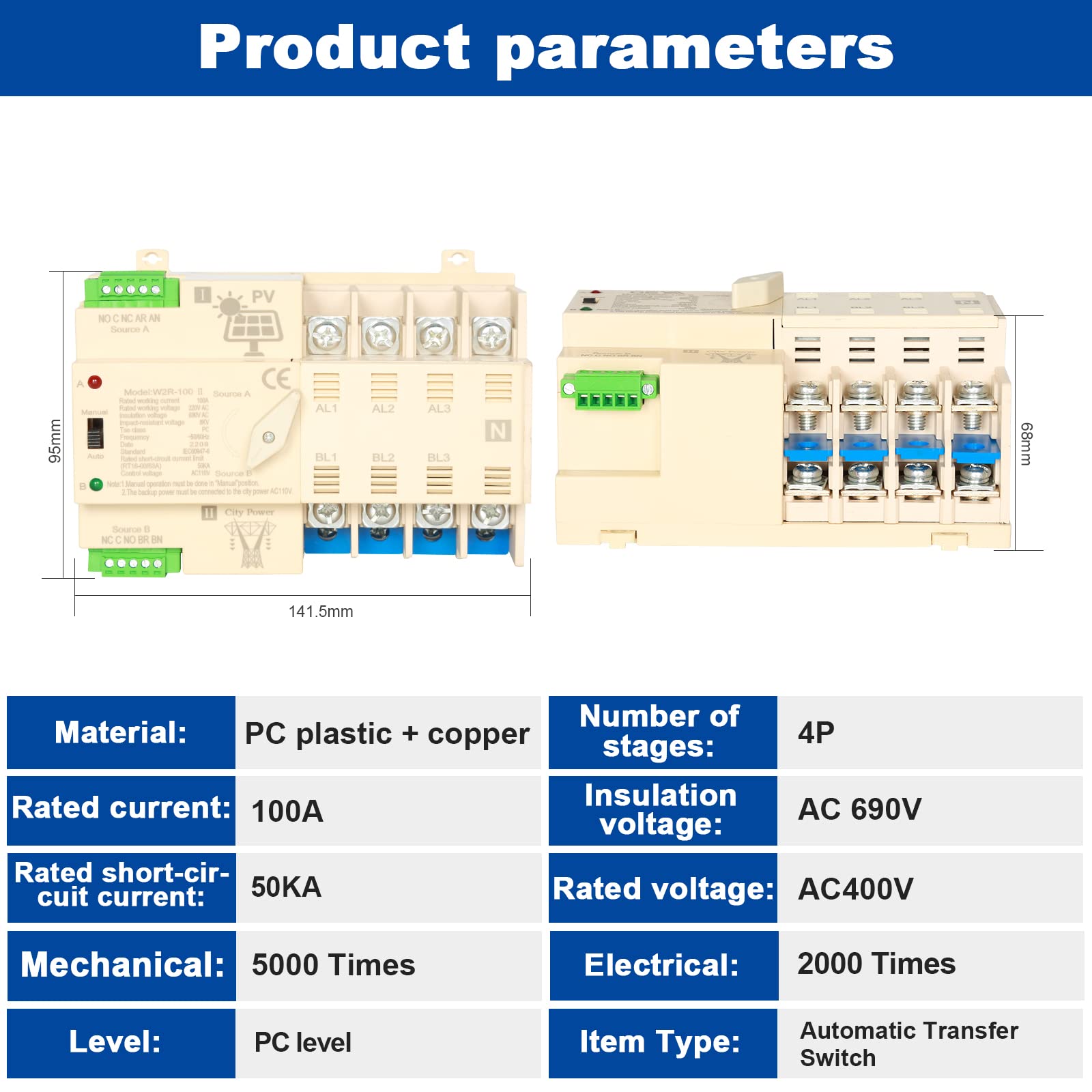 Jadeshay commutateur transfert automatique 4P 100A rail DIN