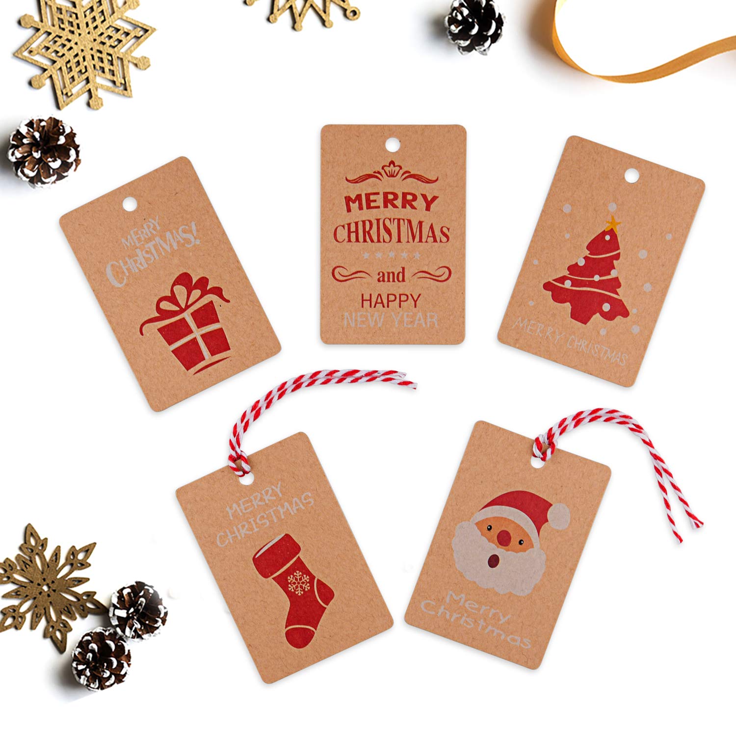 FEPITO Greeting Cards 50 étiquettes cadeau Noël kraft ficelle