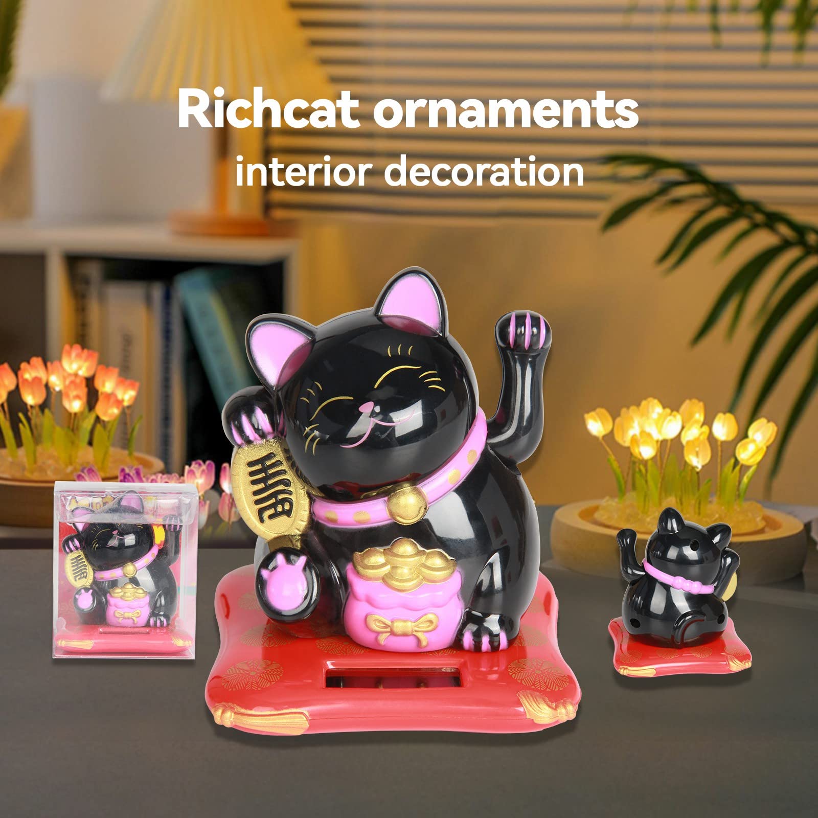 Jadeshay Maneki Neko chat porte-bonheur solaire noir