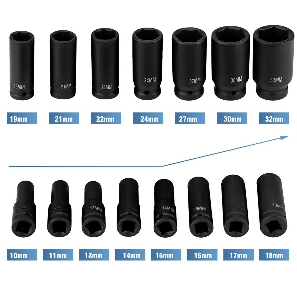 Ejoyous Jeu 16 Douilles à Choc 1/2" 10-32mm + coffret